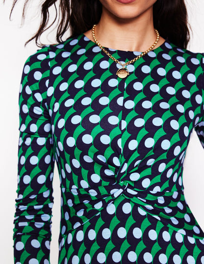 Twisted Waist Jersey Dress-Navy, Polka Wave-2