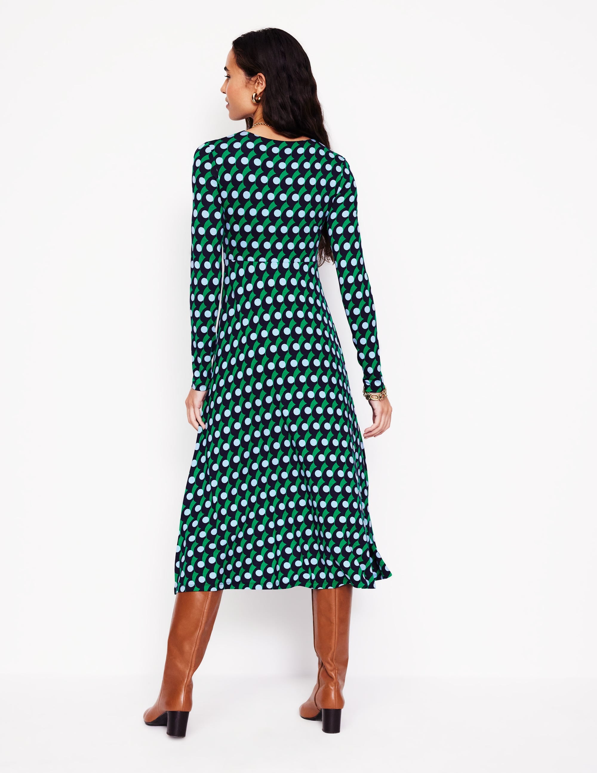 Twisted Waist Jersey Dress-Navy, Polka Wave - Image 3
