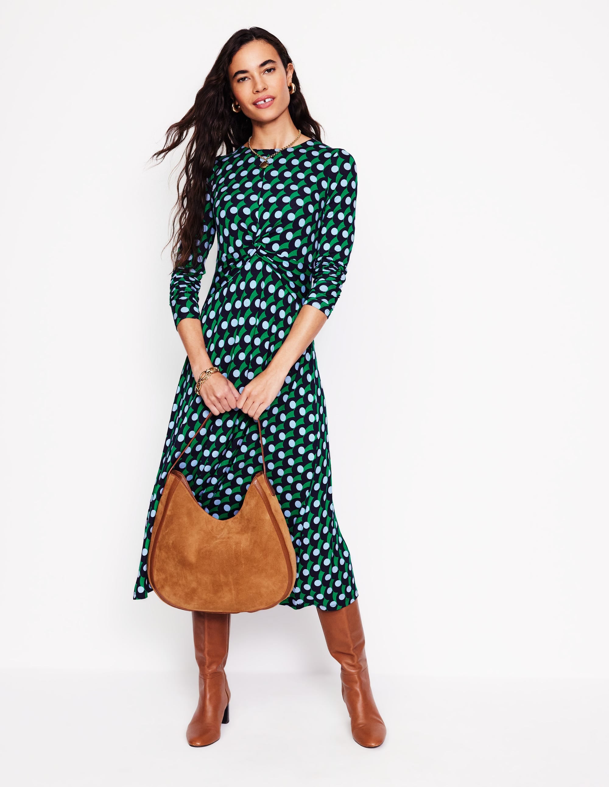 Twisted Waist Jersey Dress-Navy, Polka Wave - Image 4