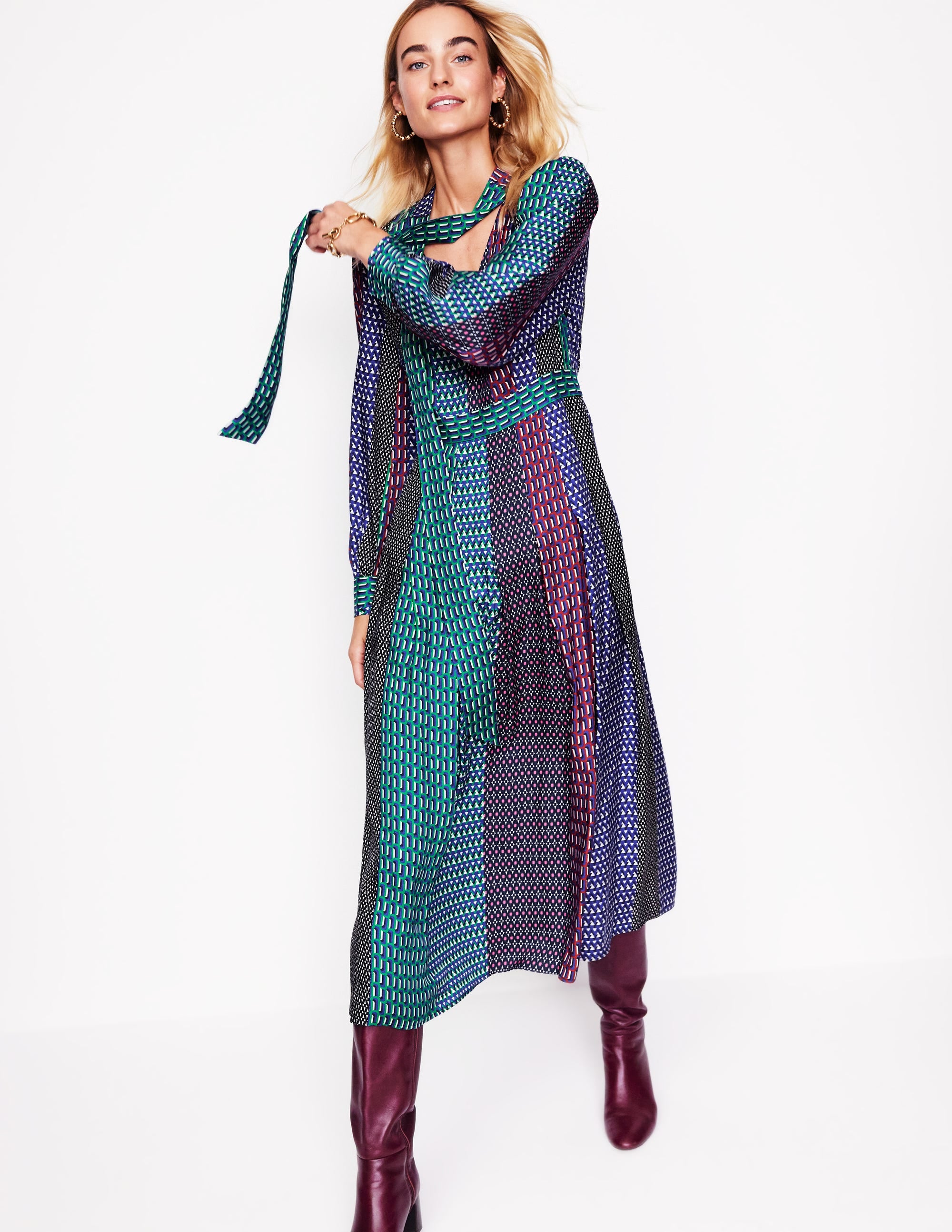 Pussy Bow Midi Dress-Multi, Geo Mix - Image 1