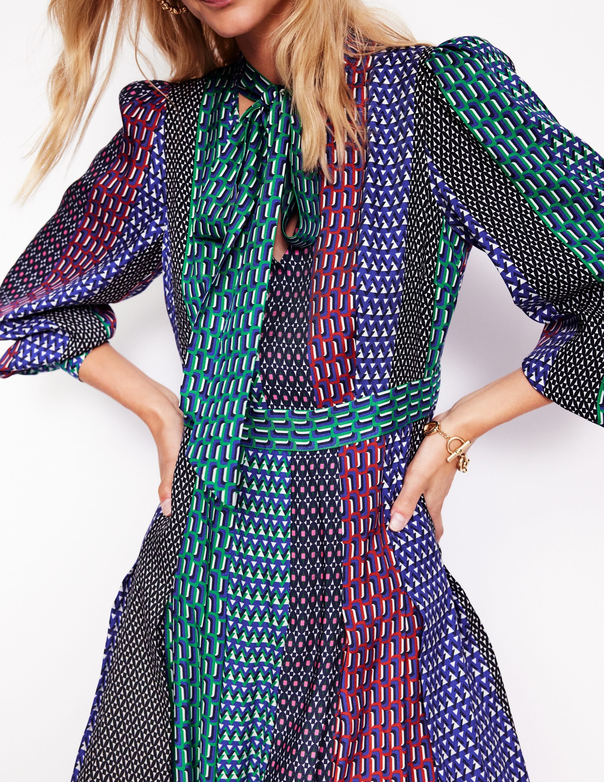 Pussy Bow Midi Dress-Multi, Geo Mix - Image 2