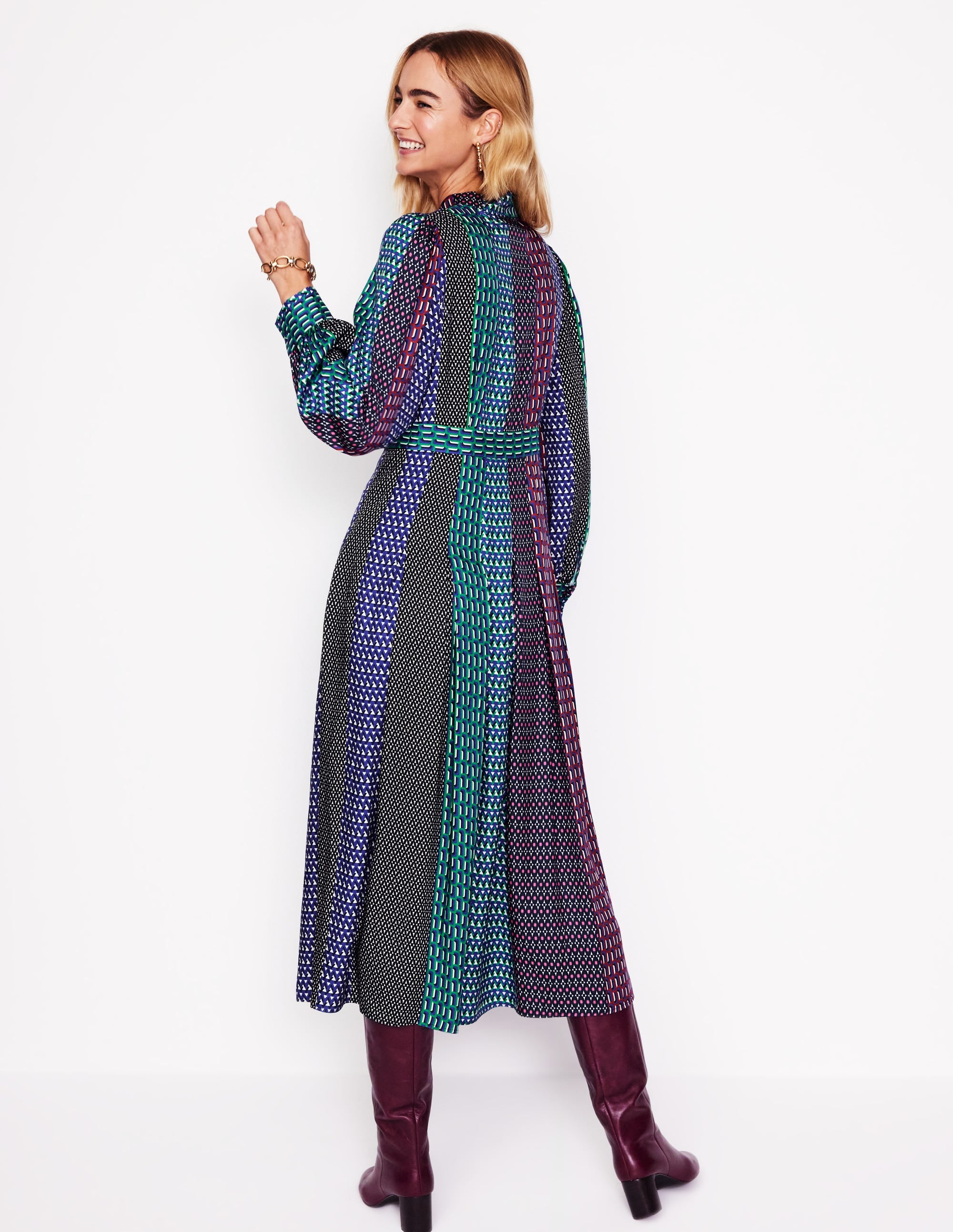 Pussy Bow Midi Dress-Multi, Geo Mix - Image 3