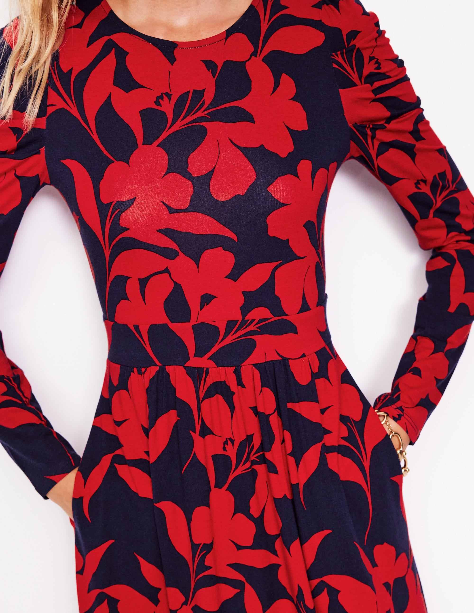 Puff Sleeve Blouson Dress-Red, Silhouette Bloom - Image 2