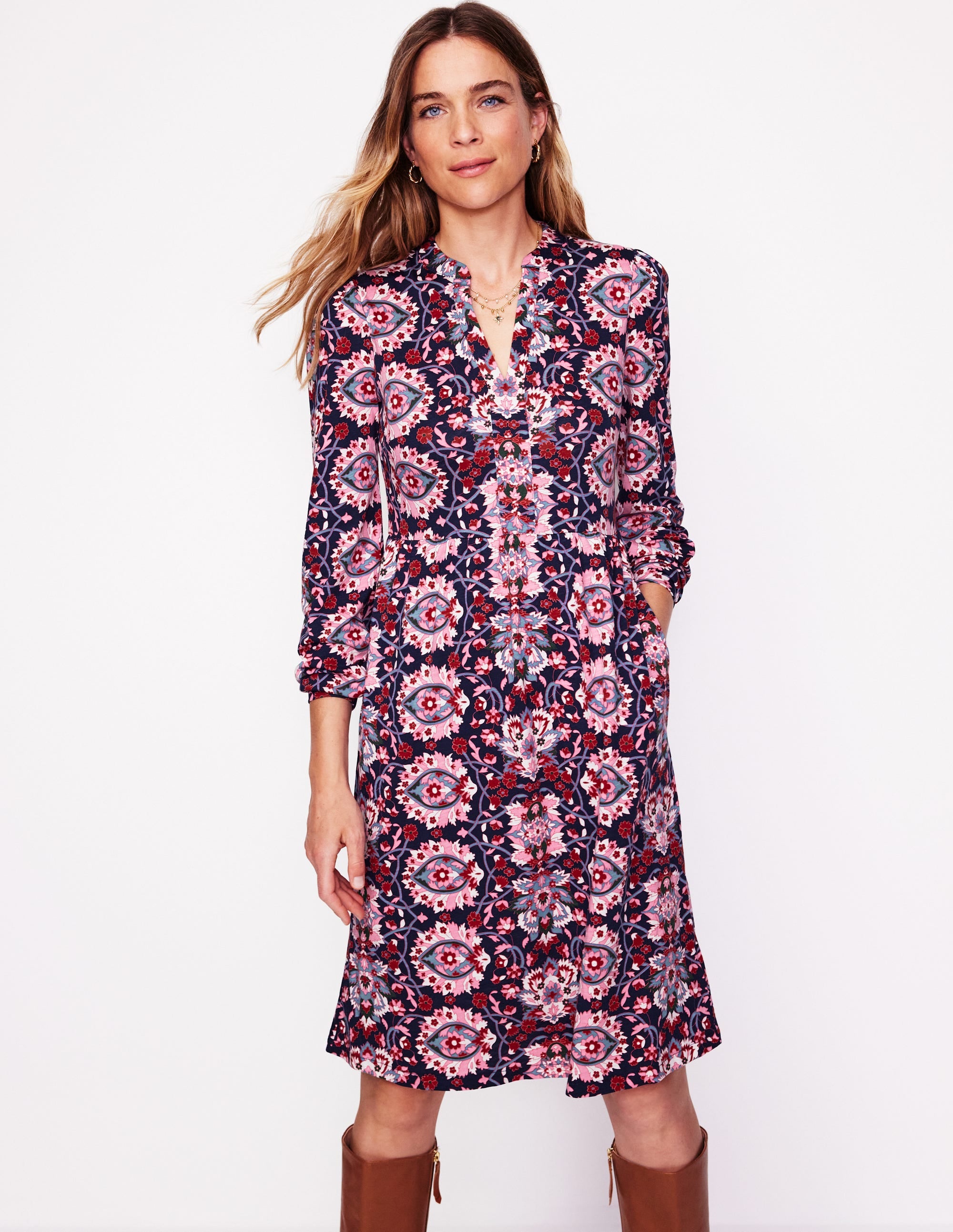 Naomi Relaxed Jersey Dress-Old Rose, Bloom Trellis - Image 1