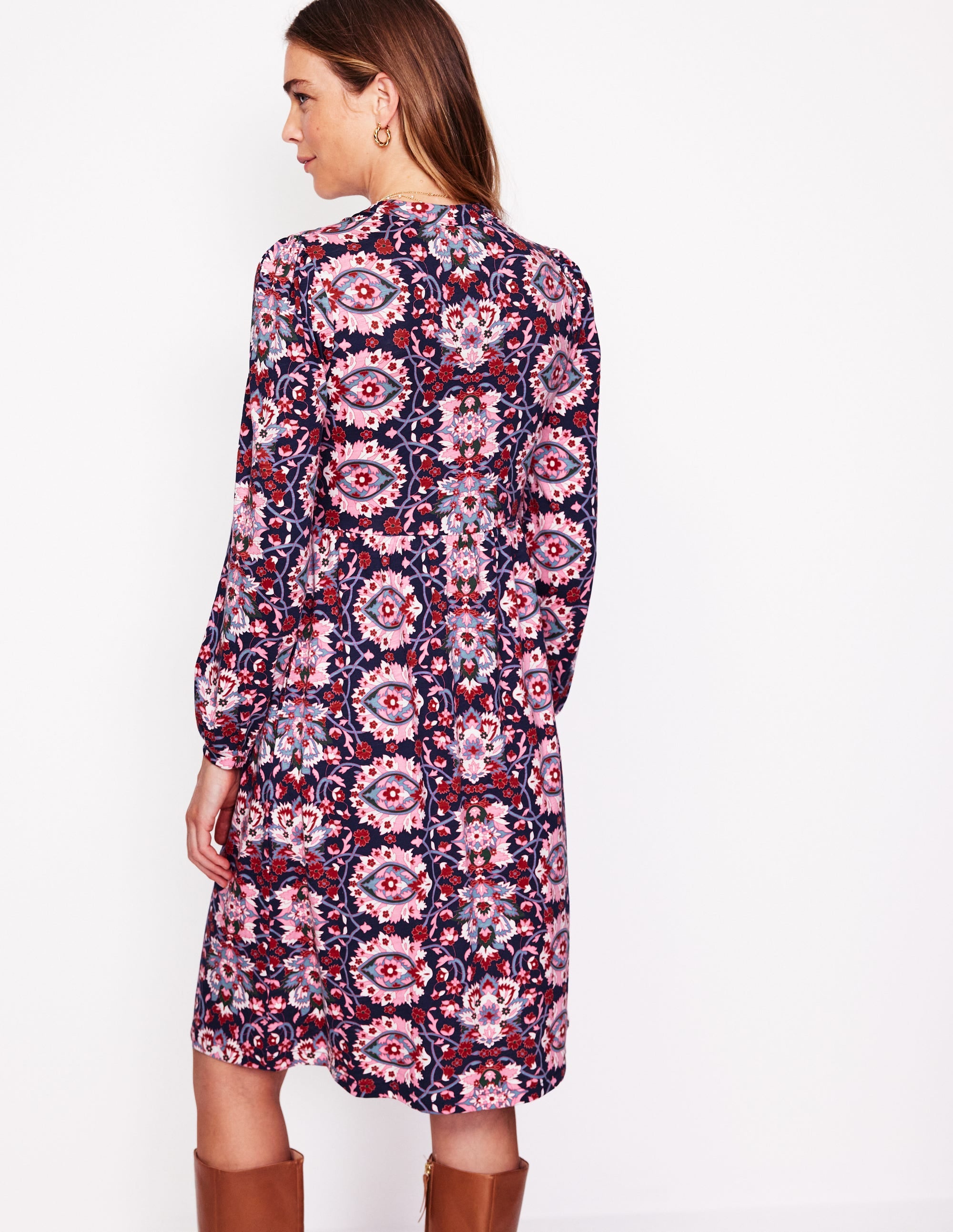 Naomi Relaxed Jersey Dress-Old Rose, Bloom Trellis - Image 3