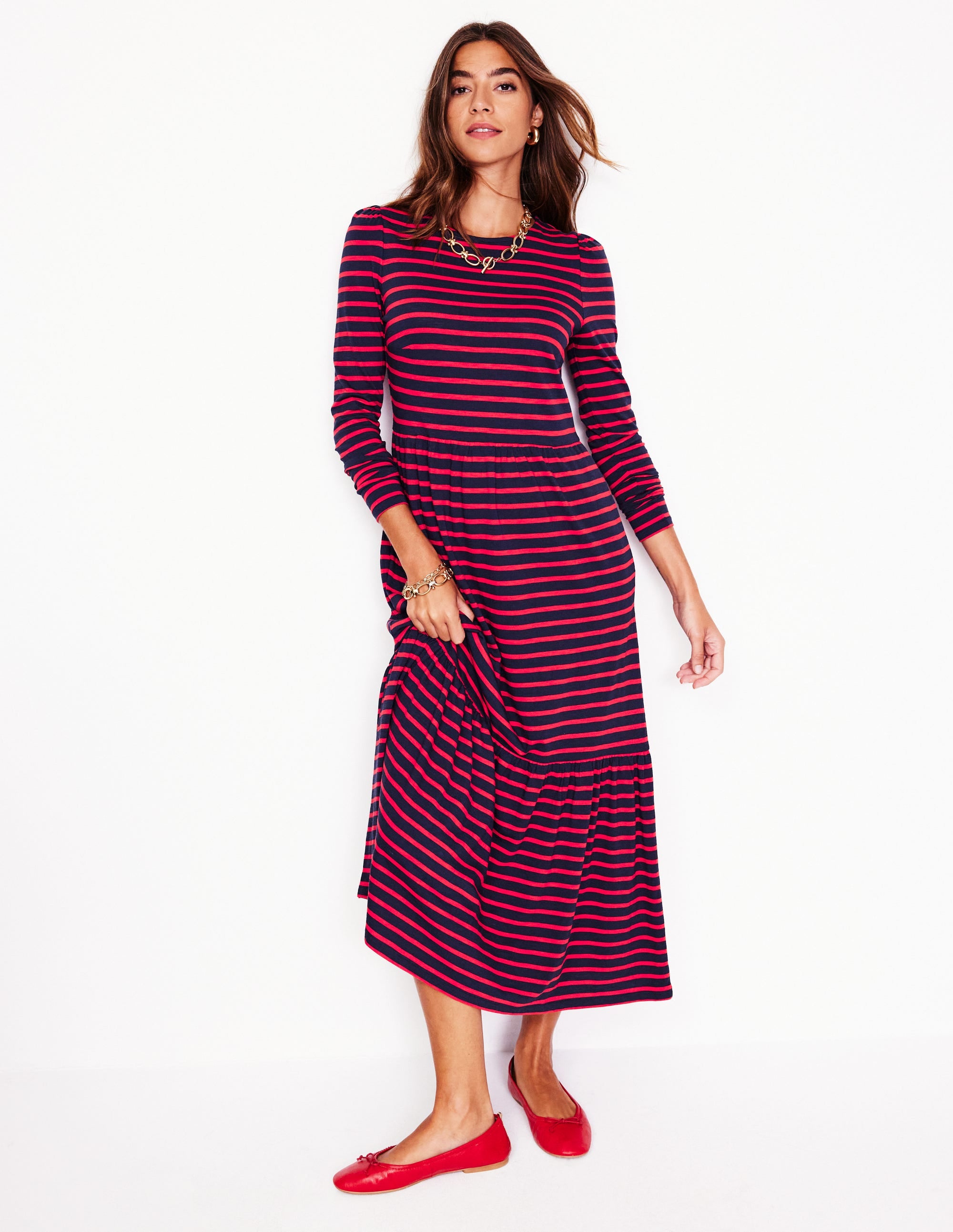 Emma Long Sleeve Jersey Dress-Navy, Rouge Stripe - Image 1