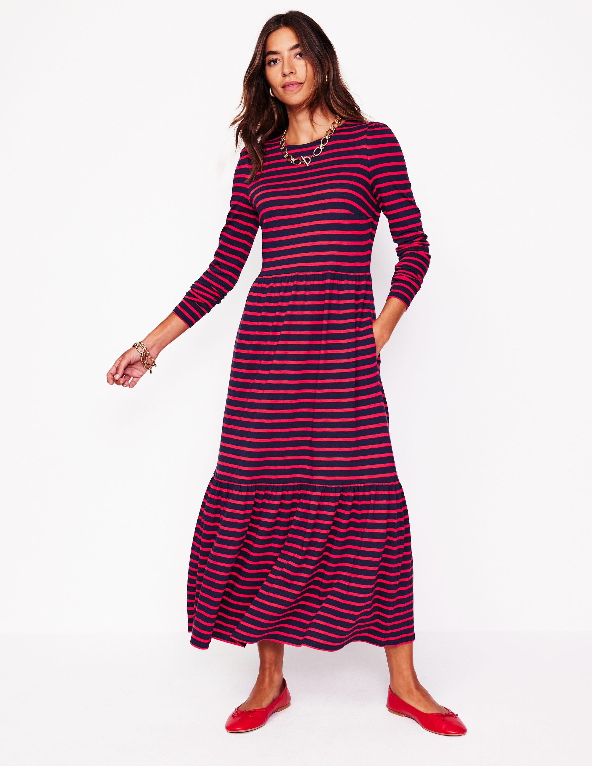 Emma Long Sleeve Jersey Dress-Navy, Rouge Stripe - Image 4
