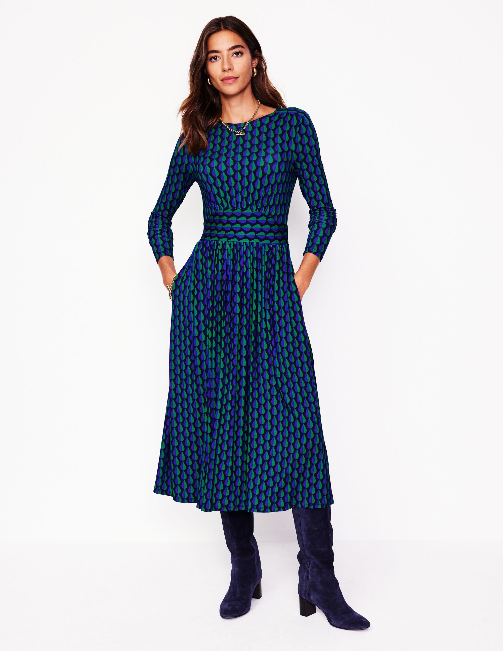Thea Long Sleeve Jersey Dress-Pine, Raindrop Geo - Image 1