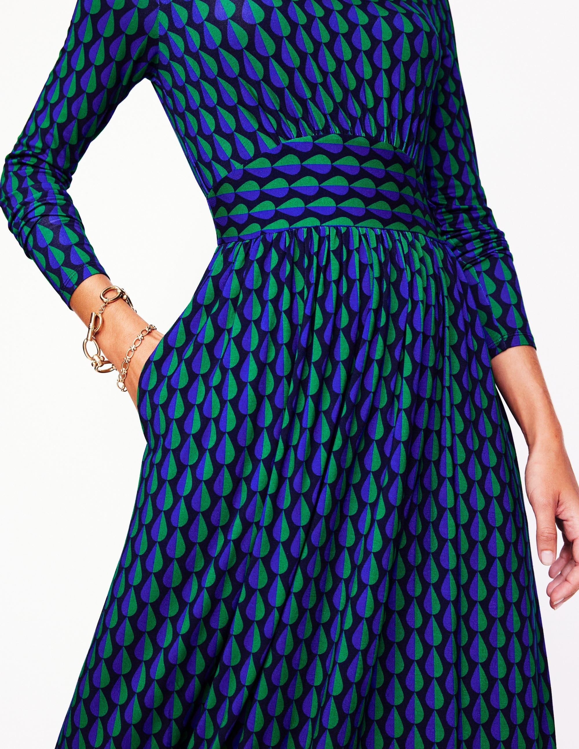 Thea Long Sleeve Jersey Dress-Pine, Raindrop Geo - Image 2