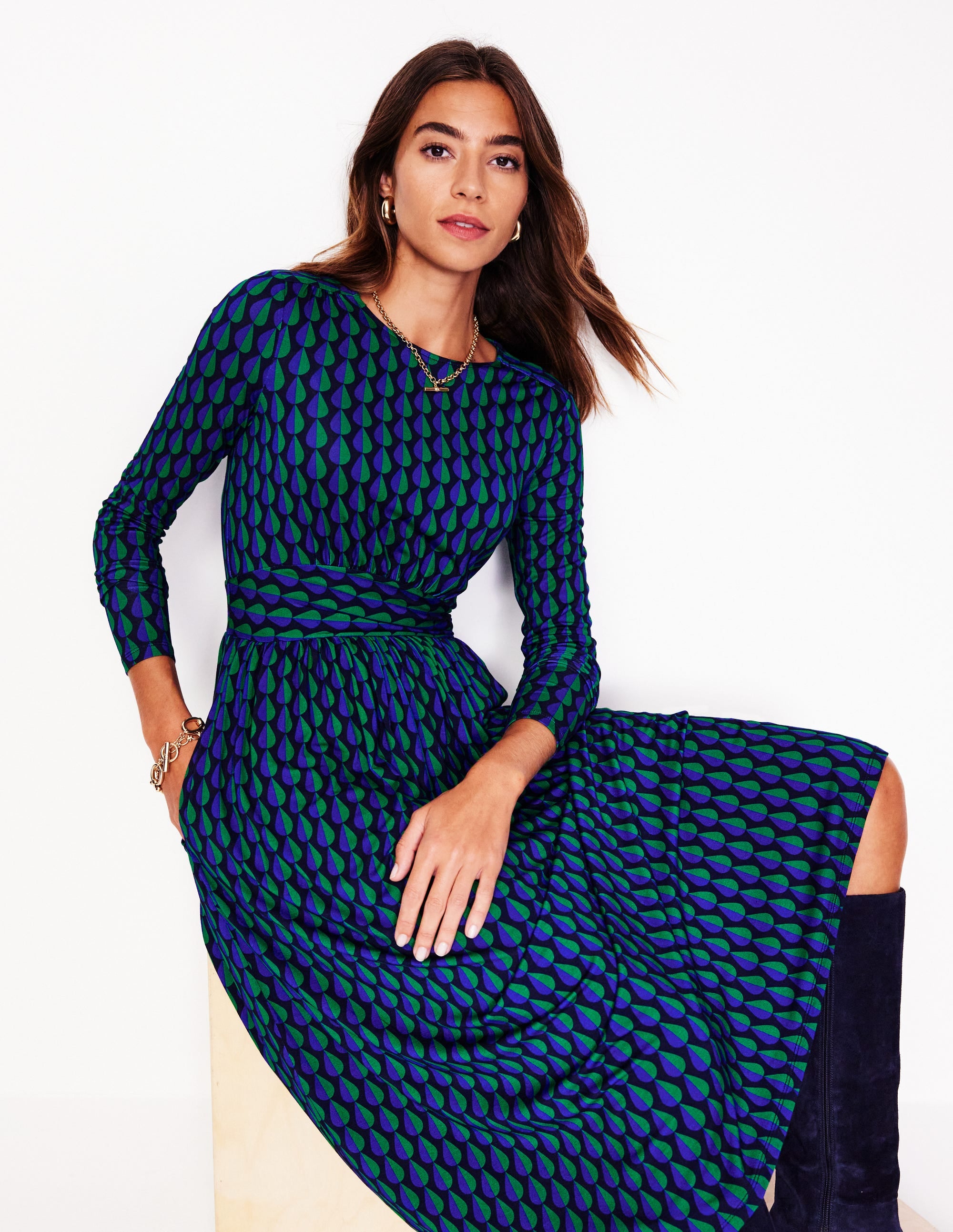 Thea Long Sleeve Jersey Dress-Pine, Raindrop Geo - Image 4