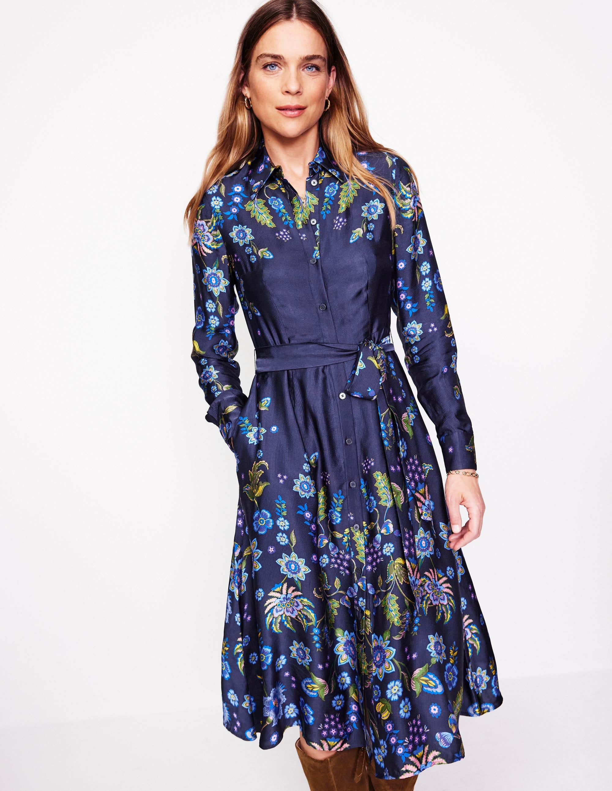 Kate Satin Shirt Dress-Blue, Blossom Flourish - Image 1