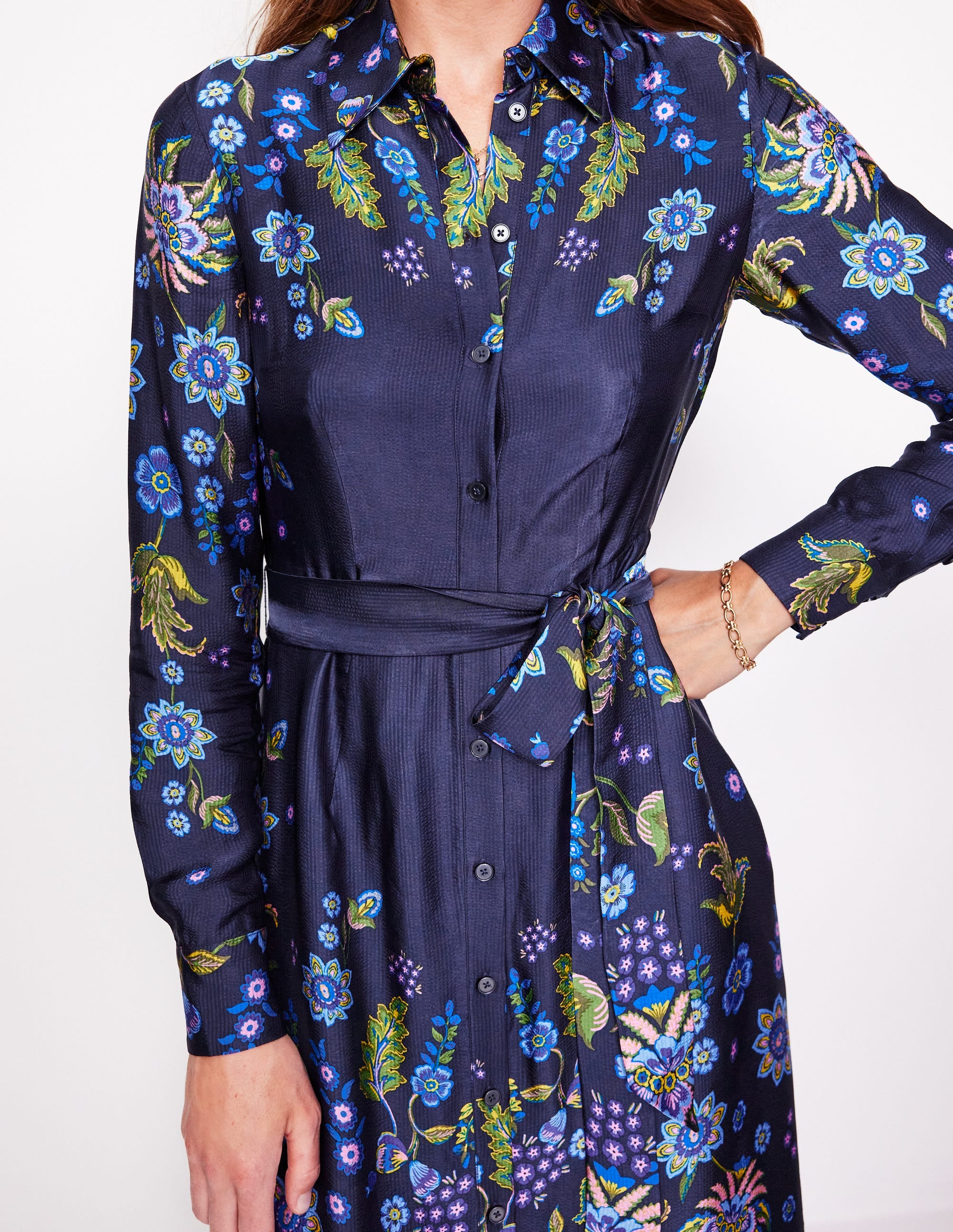 Kate Satin Shirt Dress-Blue, Blossom Flourish - Image 2