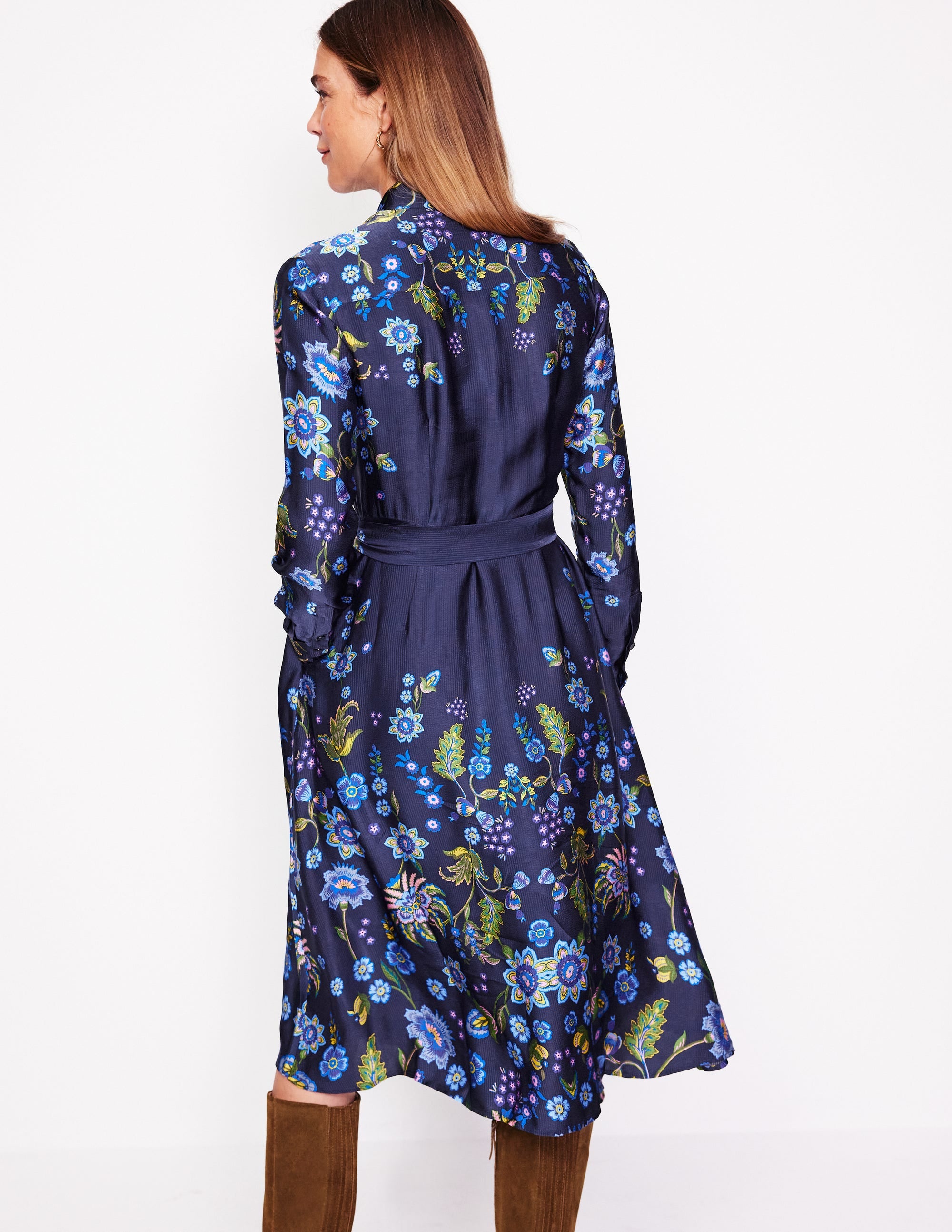 Kate Satin Shirt Dress-Blue, Blossom Flourish - Image 3