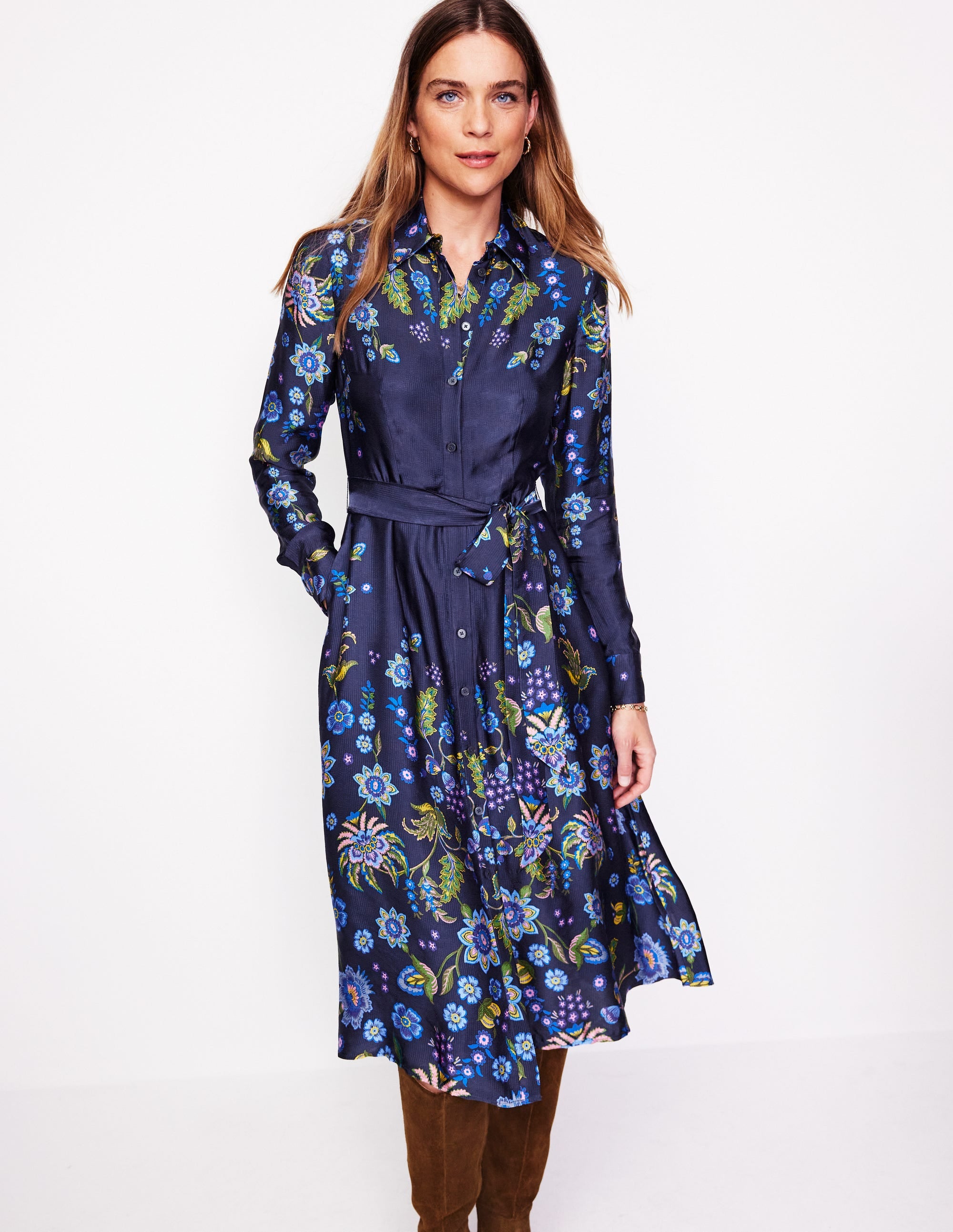 Kate Satin Shirt Dress-Blue, Blossom Flourish - Image 4