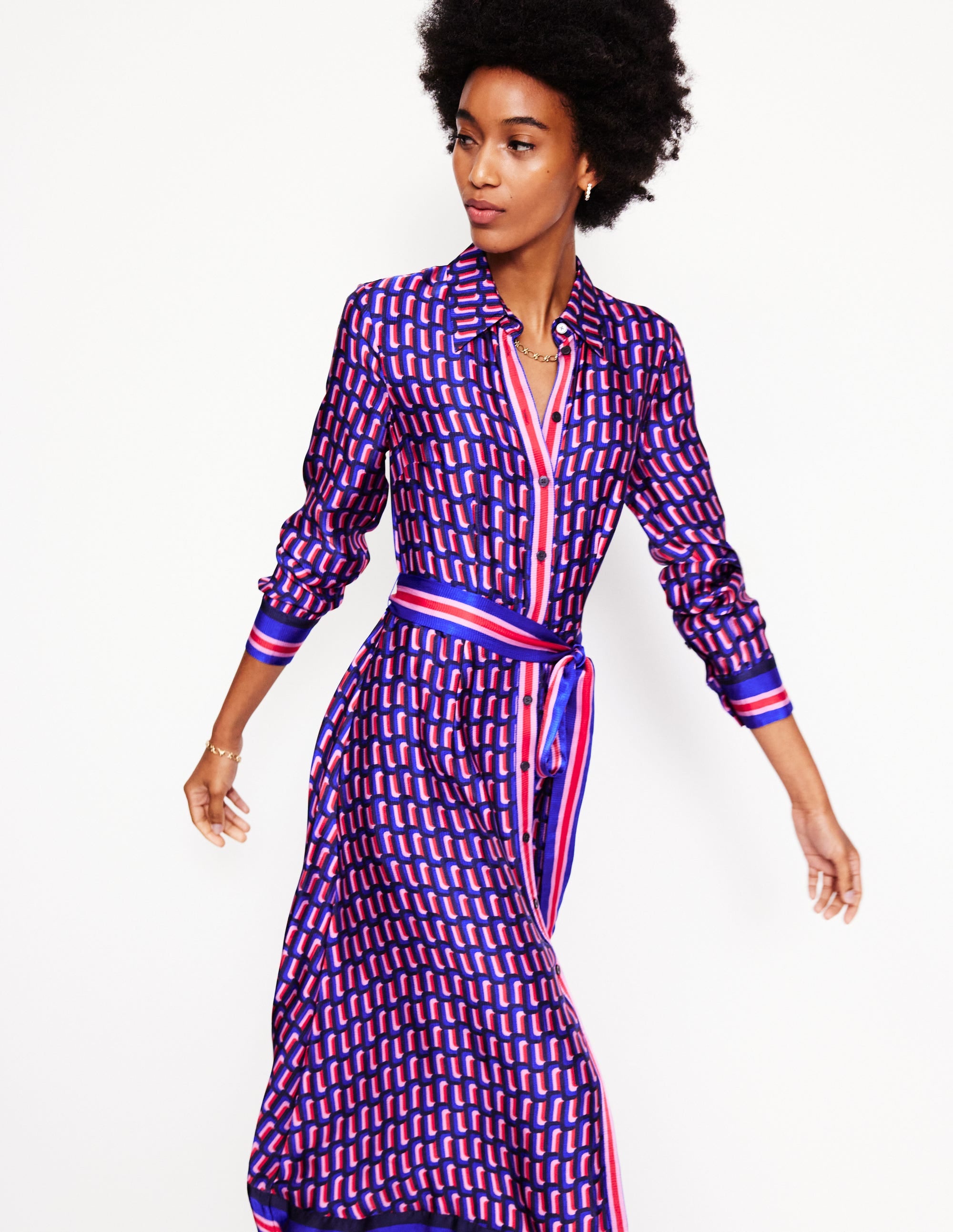 Kate Satin Shirt Dress-Mazarine Blue, Falling Geo - Image 1