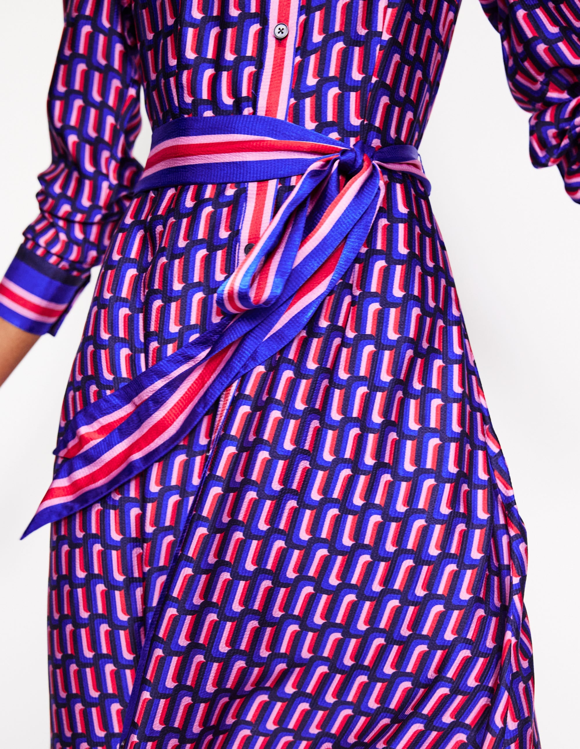 Kate Satin Shirt Dress-Mazarine Blue, Falling Geo - Image 3