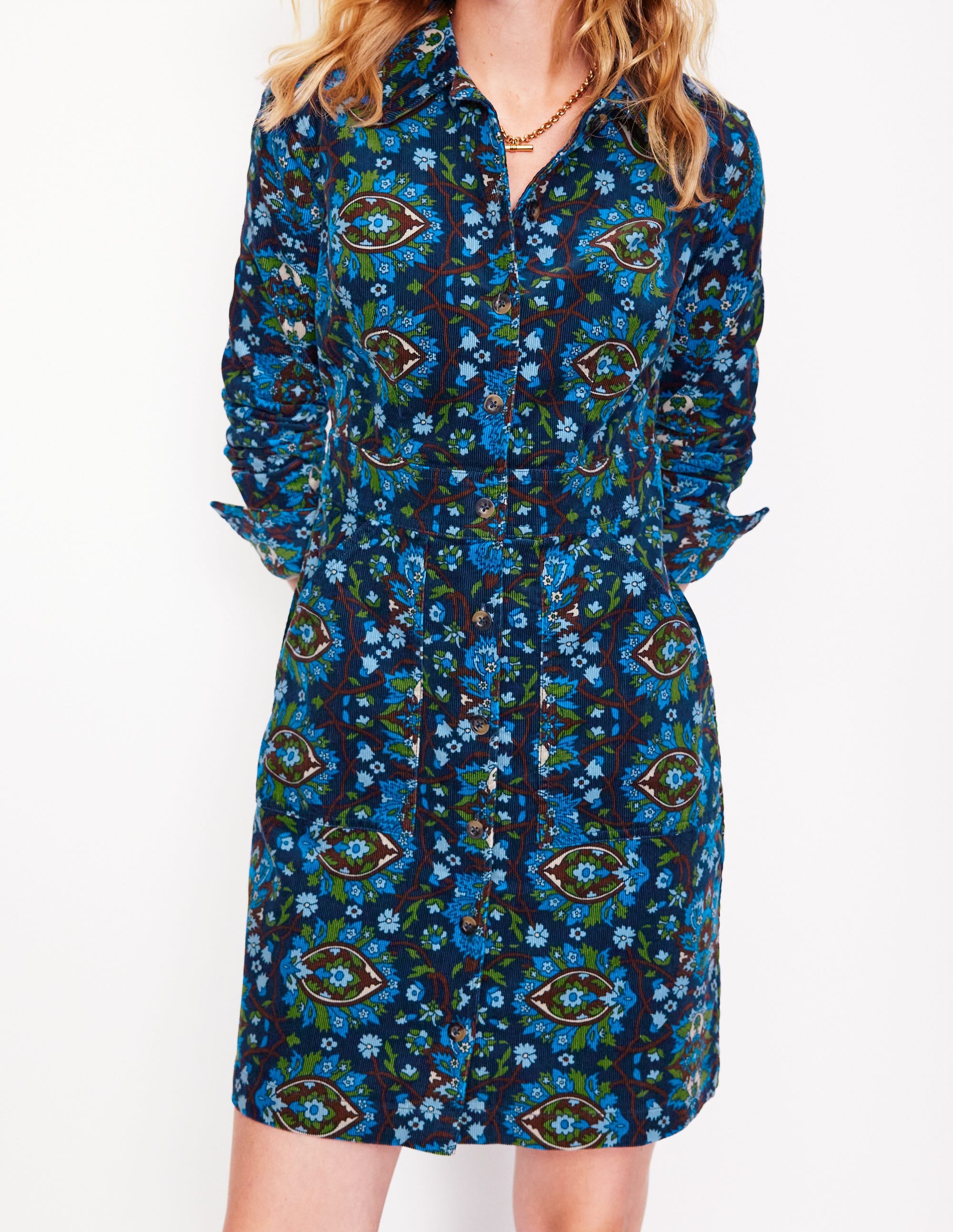 Flora Cord Shirt Dress-Kingfisher Blue, Bloom Trellis - Image 2