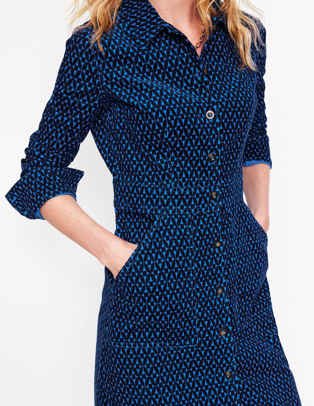 Flora Cord Shirt Dress-Blue, Diamond Trellis - Image 2