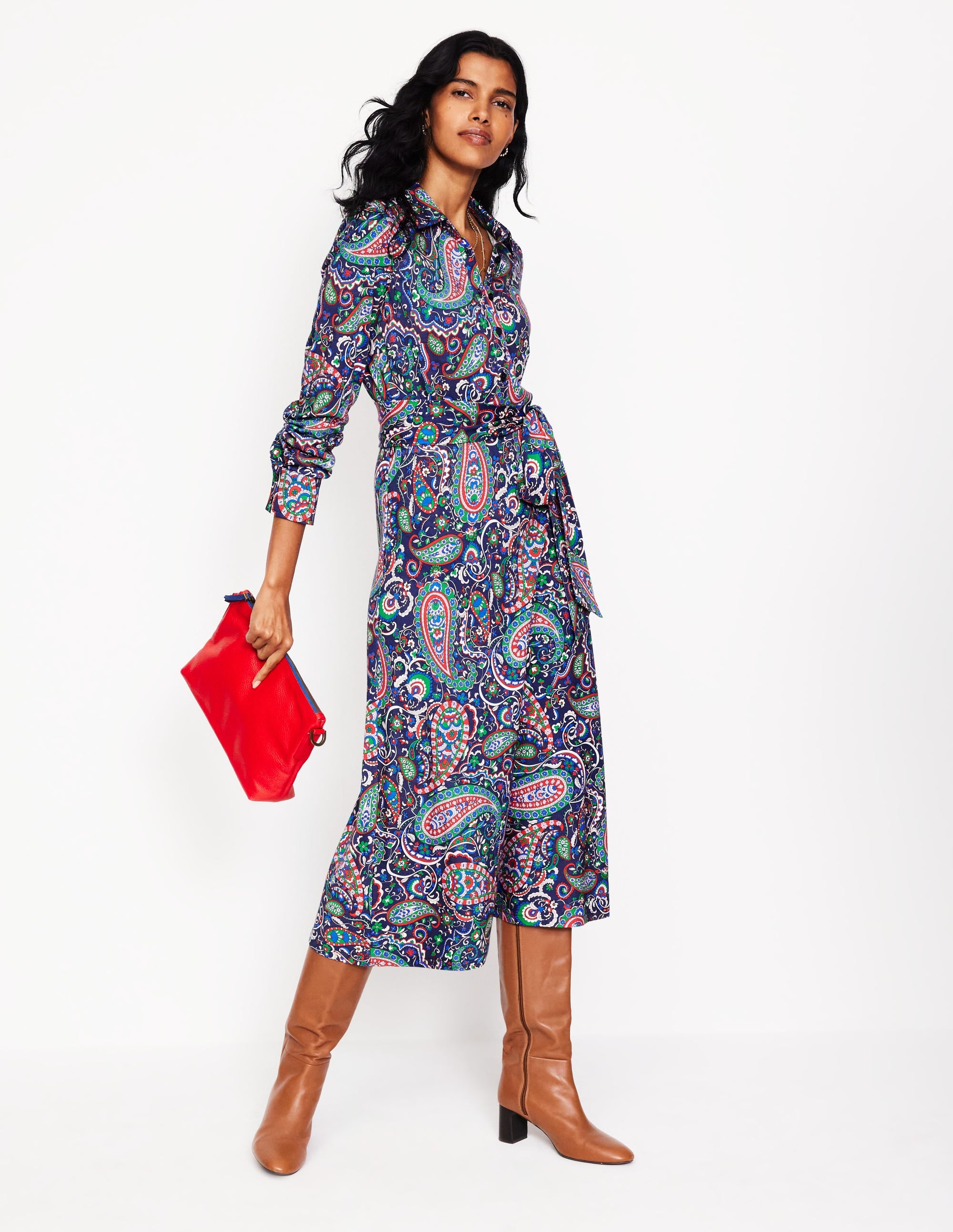 Laura Jersey Midi Shirt Dress-Navy, Paisley Paradise - Image 1