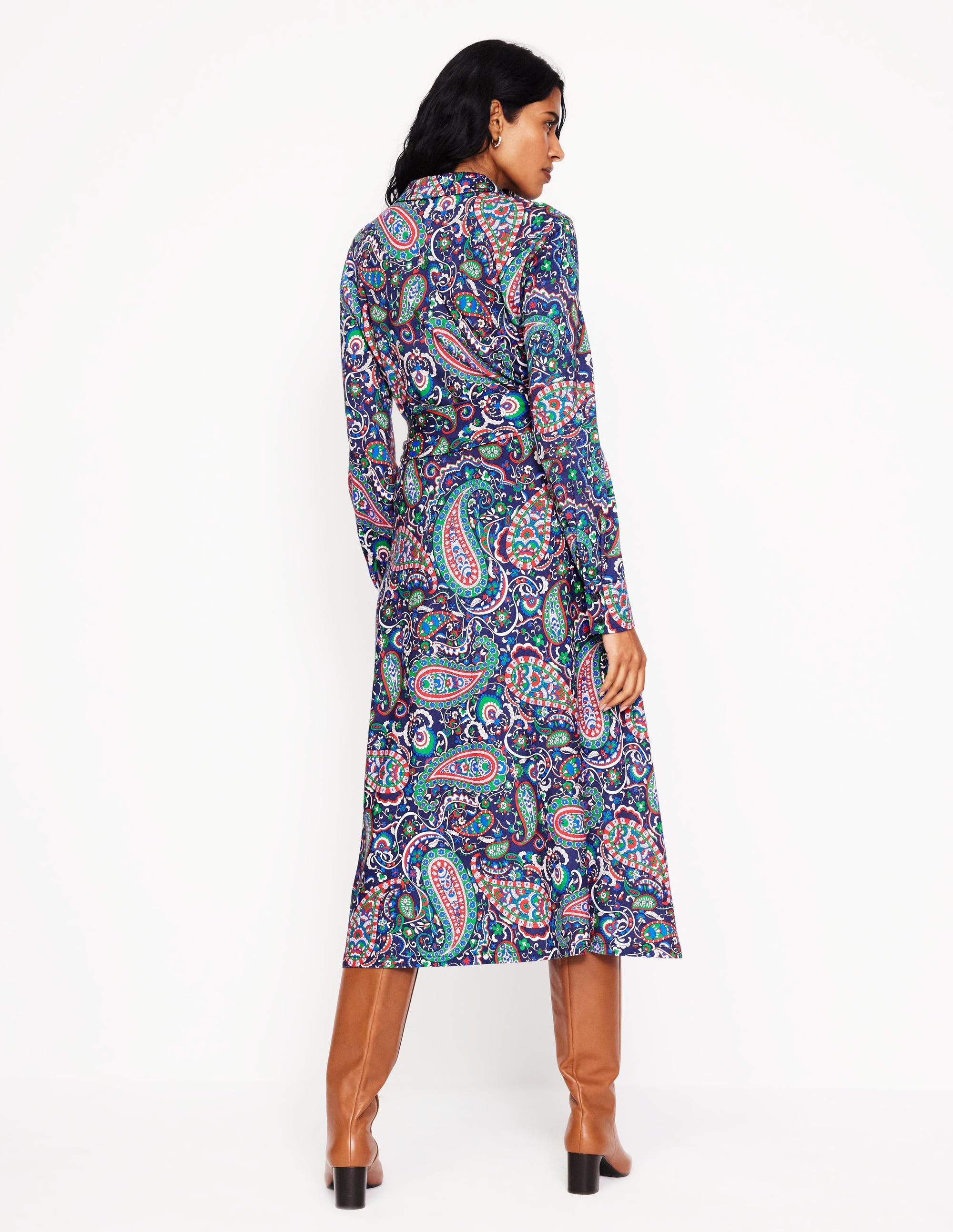 Laura Jersey Midi Shirt Dress-Navy, Paisley Paradise - Image 3