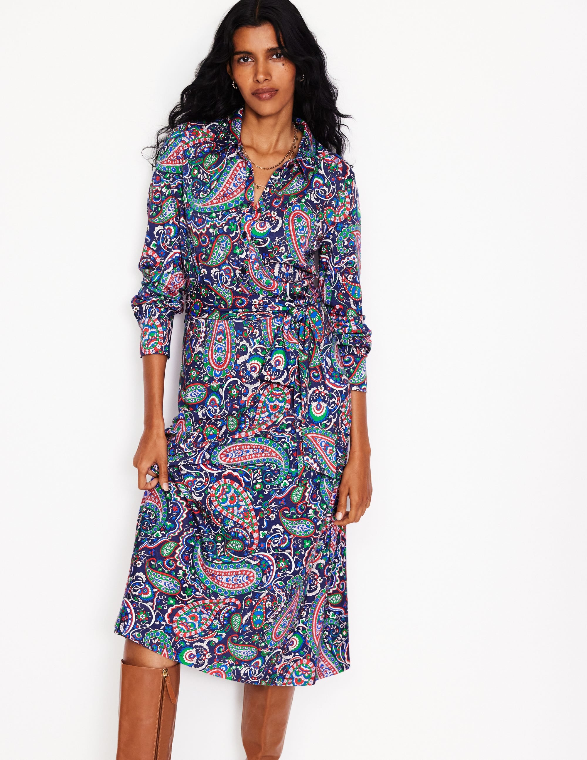 Laura Jersey Midi Shirt Dress-Navy, Paisley Paradise - Image 4