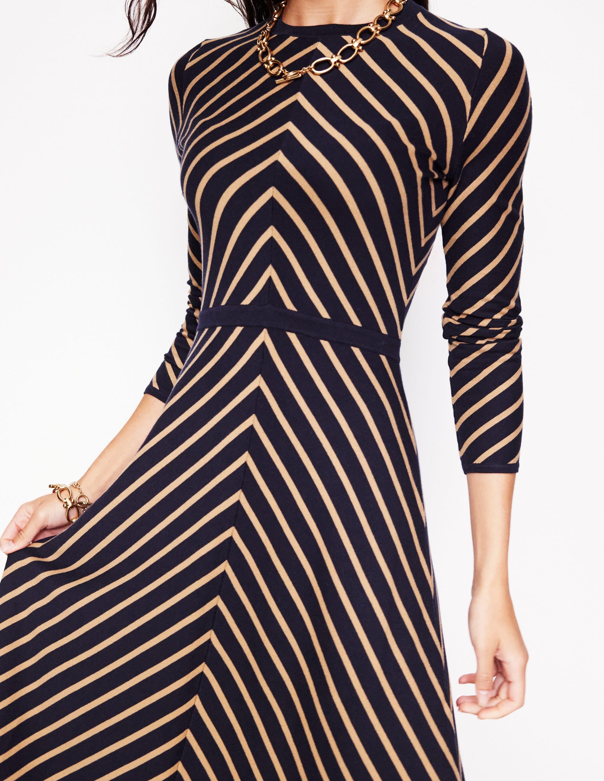 Maria Knitted Midi Dress-Navy, Camel Stripe - Image 2