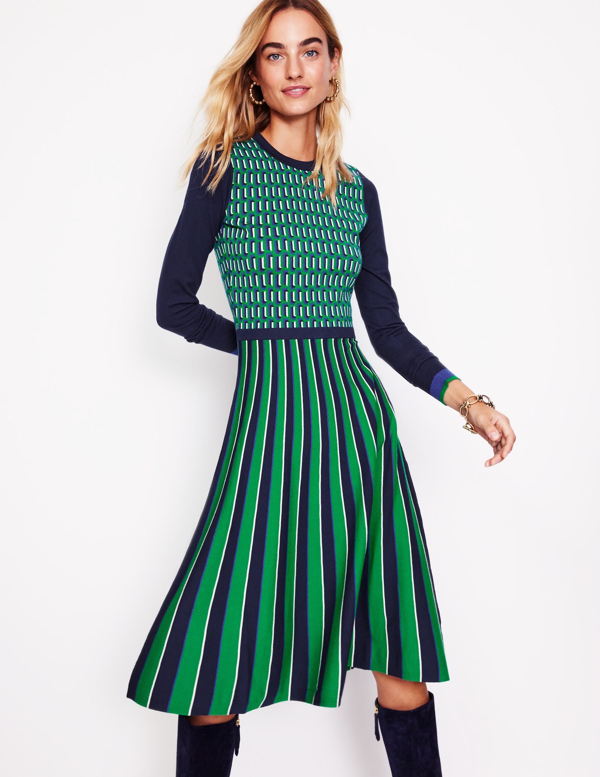 Maria Jacquard Knitted Dress-Rich Emerald, Jacquard - Image 1