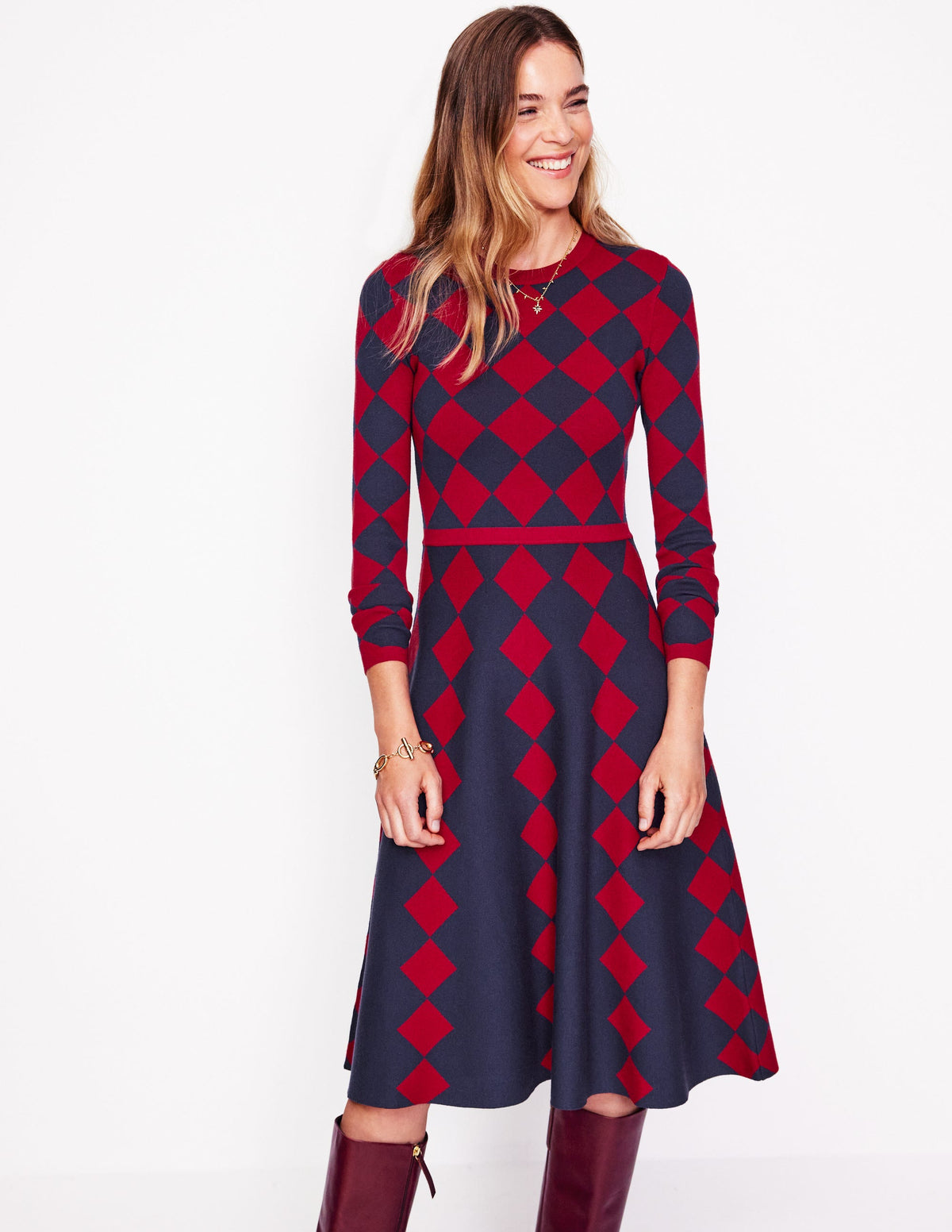 Maria Jacquard Knitted Dress-Red and Navy Argyle-1