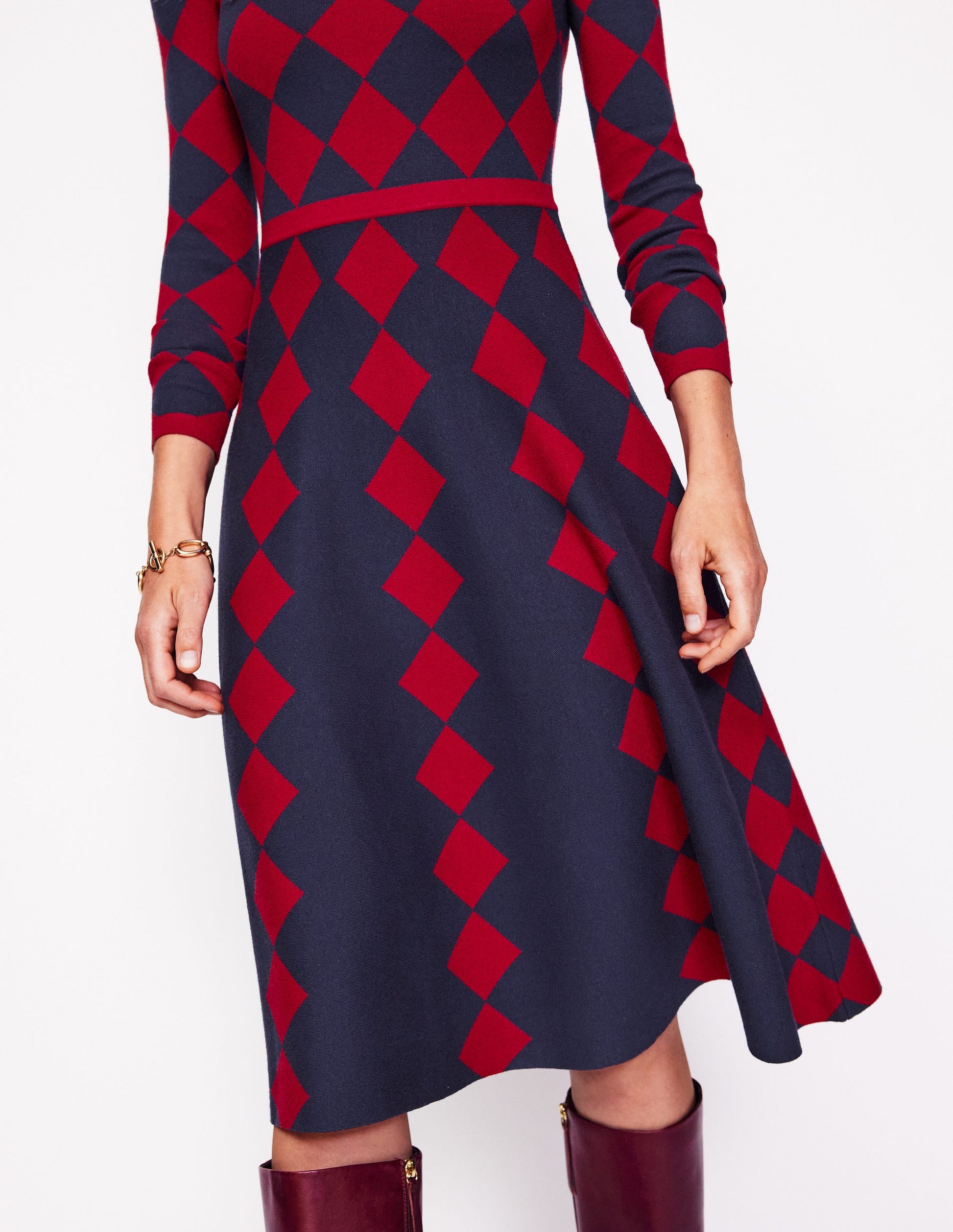 Maria Jacquard Knitted Dress-Red and Navy Argyle-2