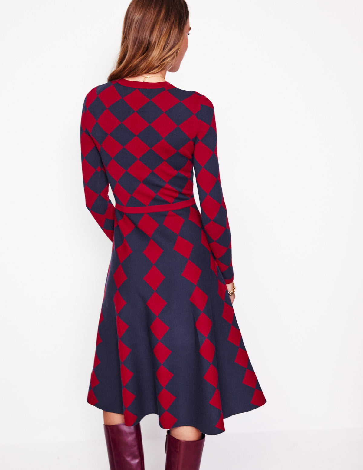 Maria Jacquard Knitted Dress-Red and Navy Argyle - Image 3