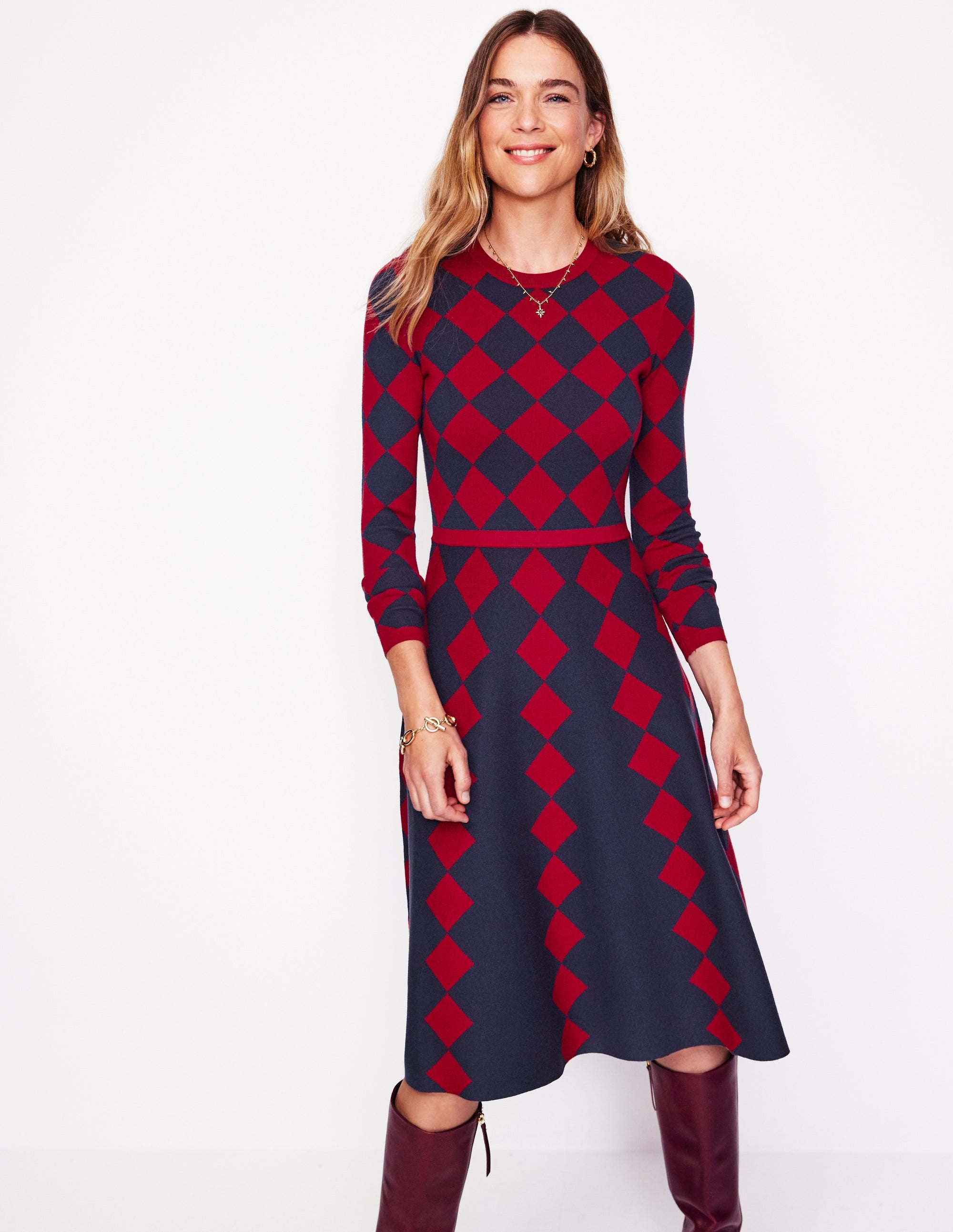 Maria Jacquard Knitted Dress-Red and Navy Argyle - Image 4
