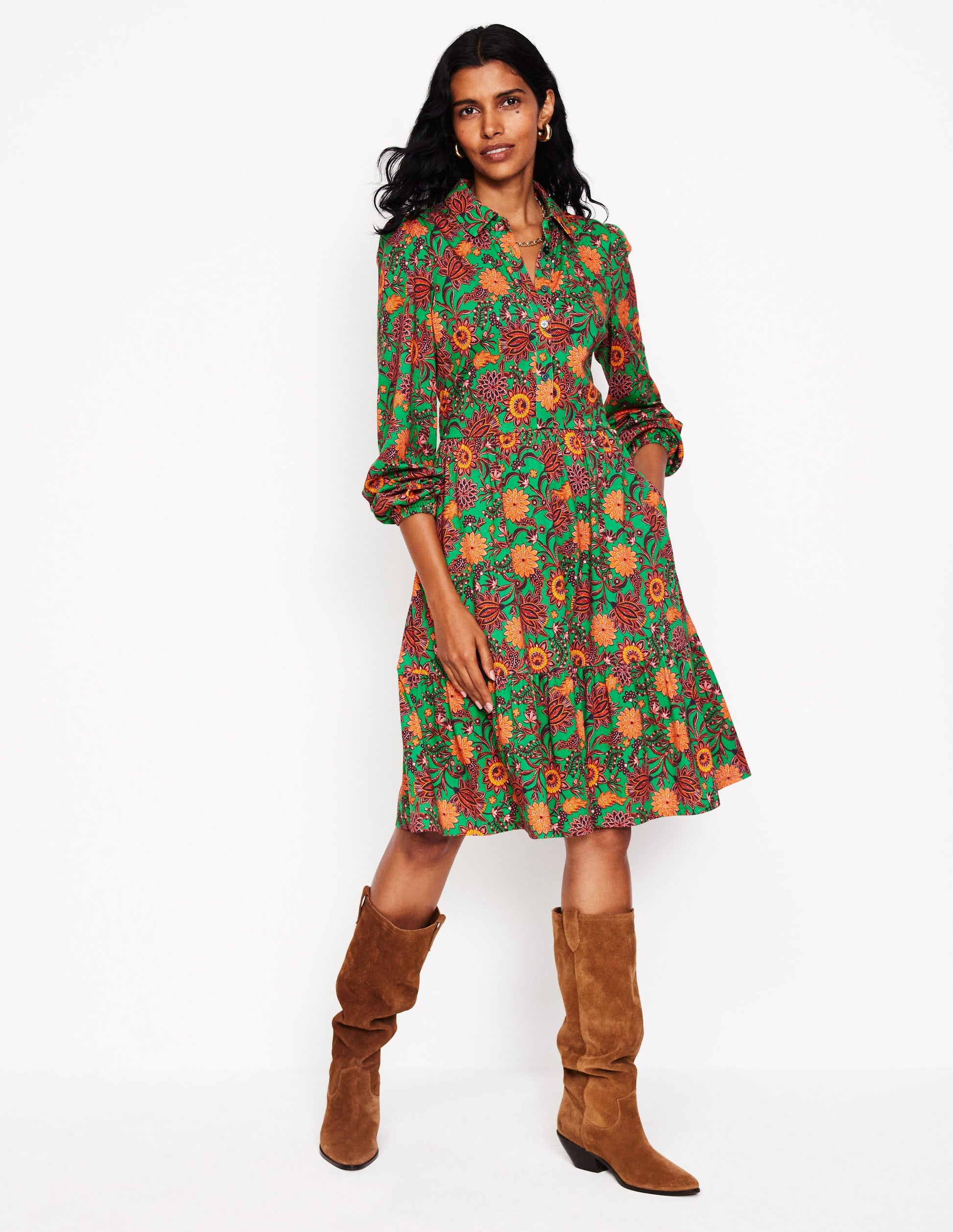 Jemima Tiered Jersey Dress-Rich Emerald, Ornate Bud-2