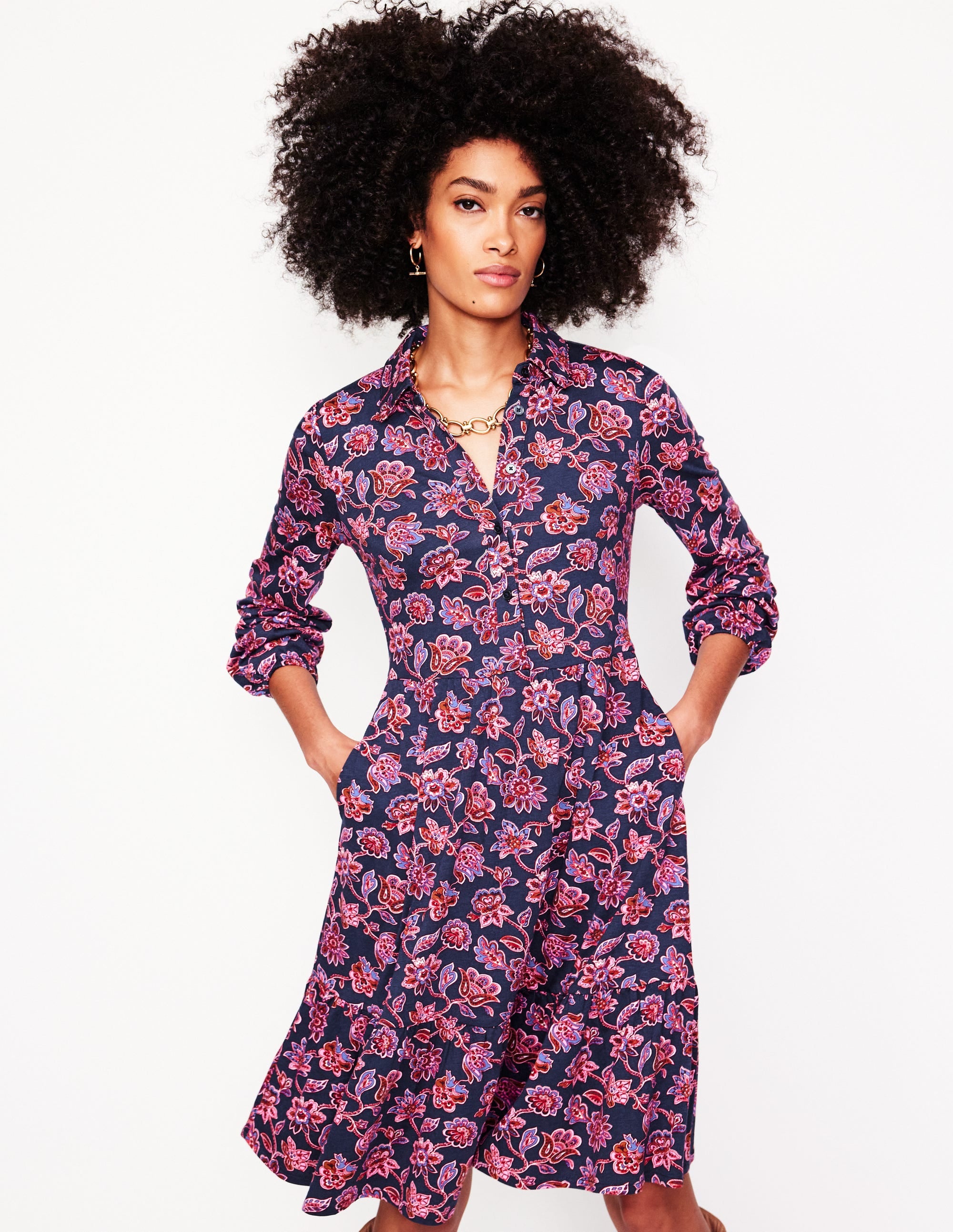 Jemima Tiered Jersey Dress-Navy, Floret Cascade - Image 1