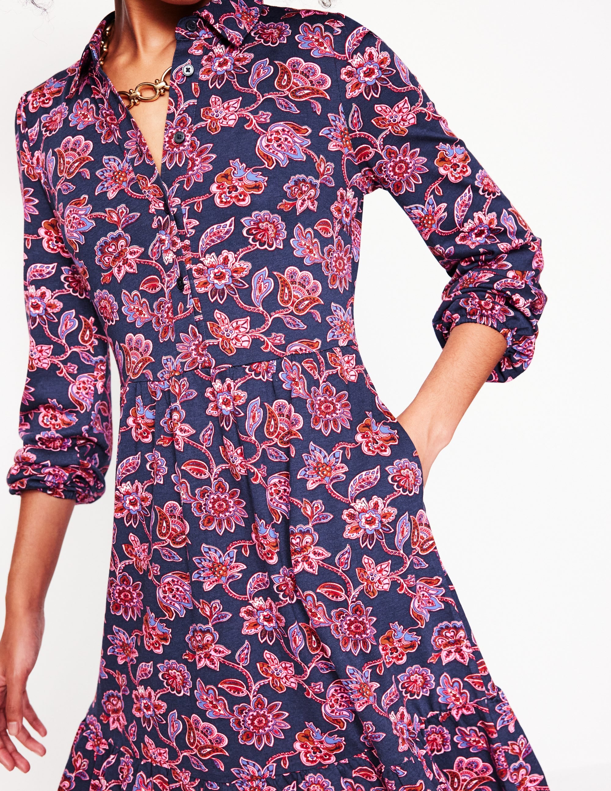 Jemima Tiered Jersey Dress-Navy, Floret Cascade - Image 2