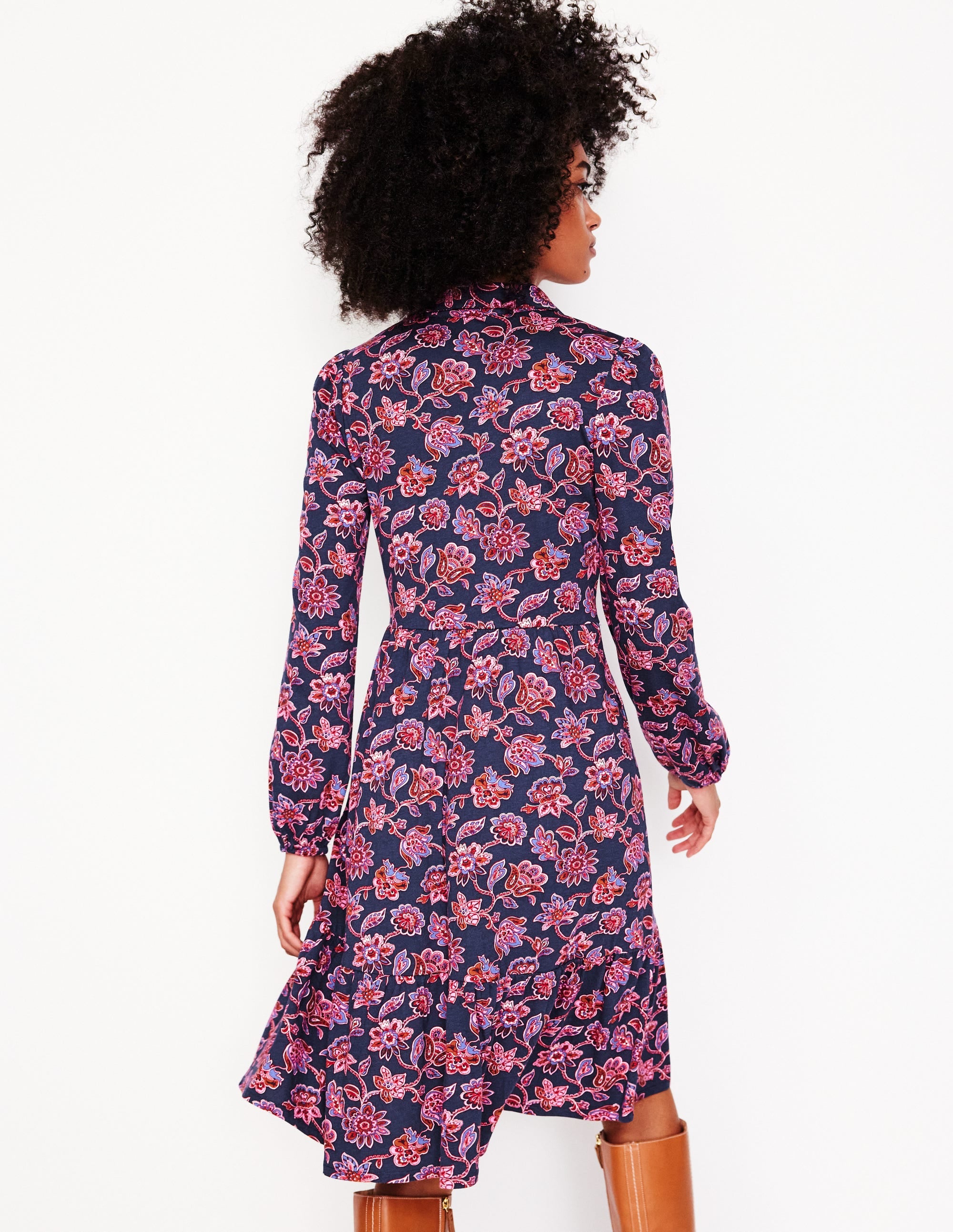 Jemima Tiered Jersey Dress-Navy, Floret Cascade - Image 3