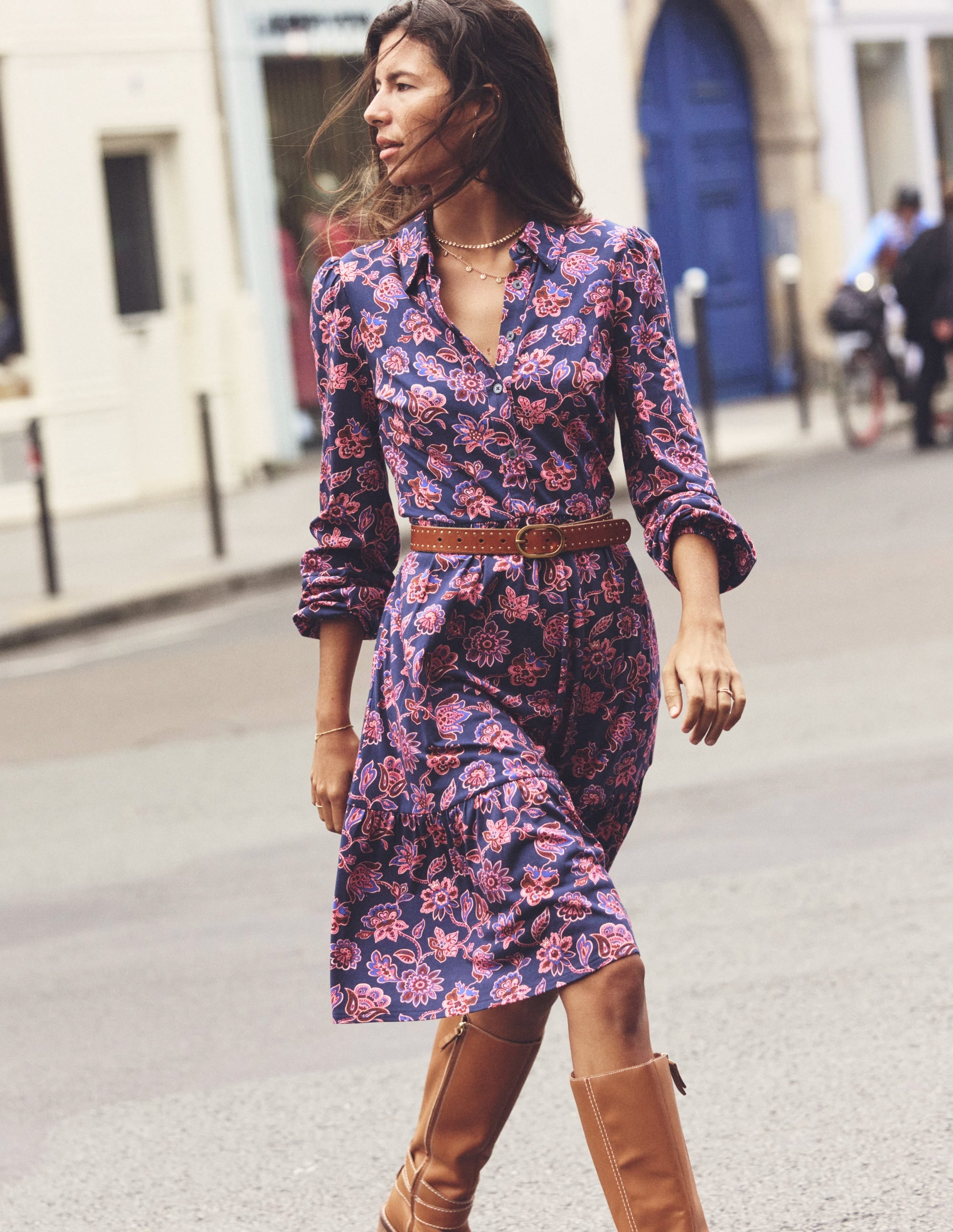 Jemima Tiered Jersey Dress-Navy, Floret Cascade - Image 5