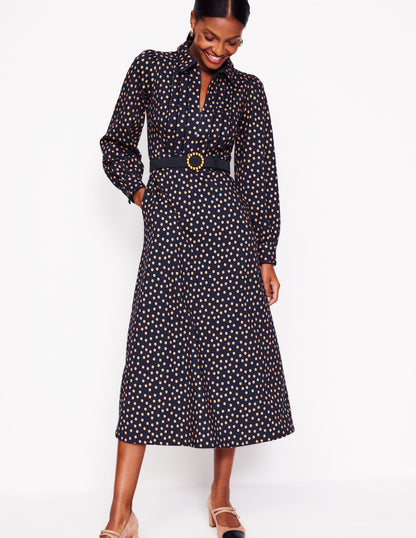Pip Zip-Up Ponte Midi Dress-French Navy, Abstract Dot-1