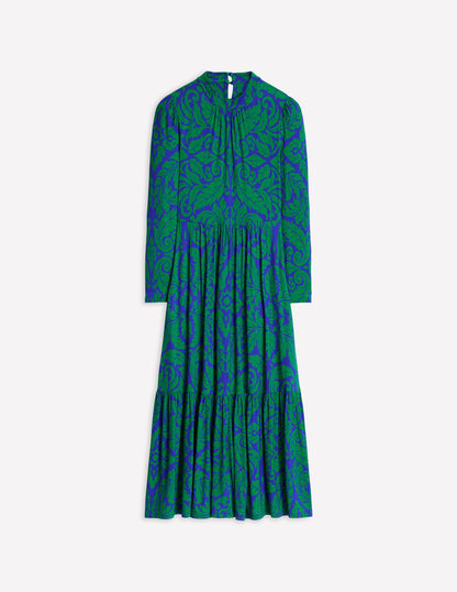 High Neck Tiered Jersey Dress-Rich Emerald, Elaborate Leaf-5