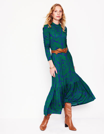 High Neck Tiered Jersey Dress-Rich Emerald, Elaborate Leaf-1