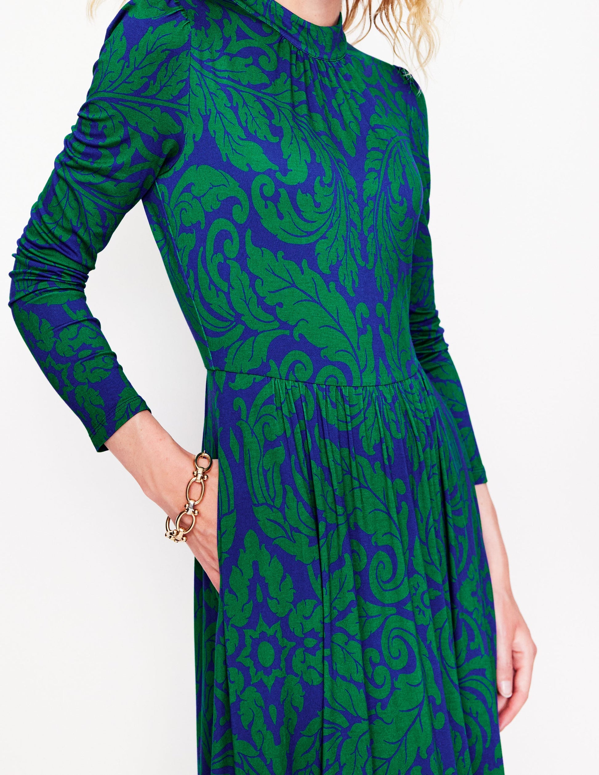 High Neck Tiered Jersey Dress-Rich Emerald, Elaborate Leaf-2