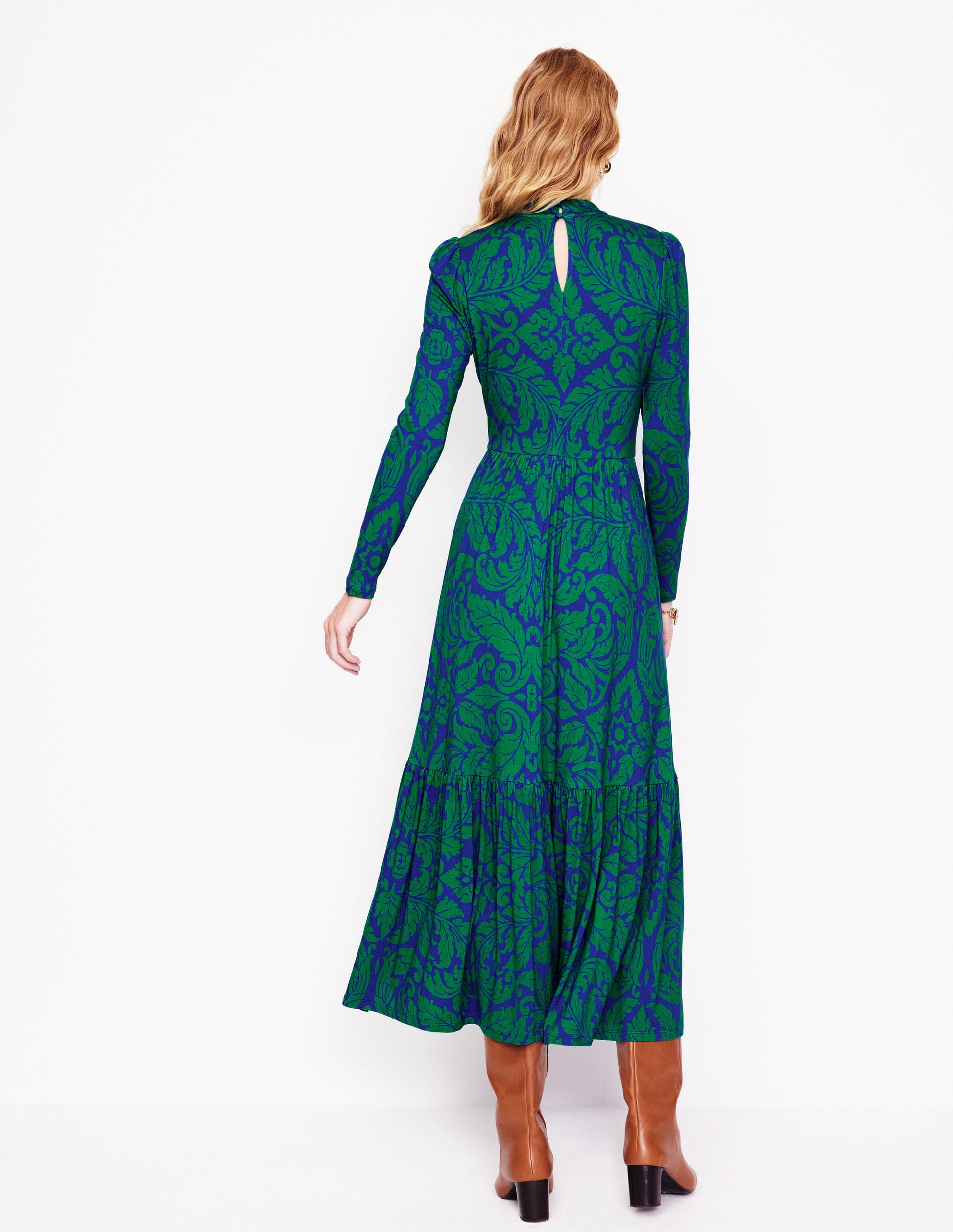High Neck Tiered Jersey Dress-Rich Emerald, Elaborate Leaf-3