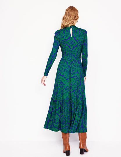 High Neck Tiered Jersey Dress-Rich Emerald, Elaborate Leaf-3