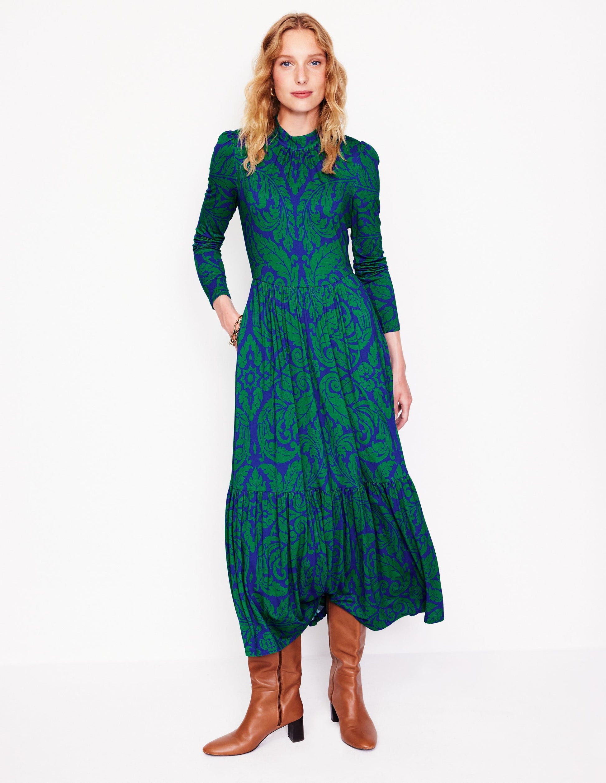 High Neck Tiered Jersey Dress-Rich Emerald, Elaborate Leaf-4