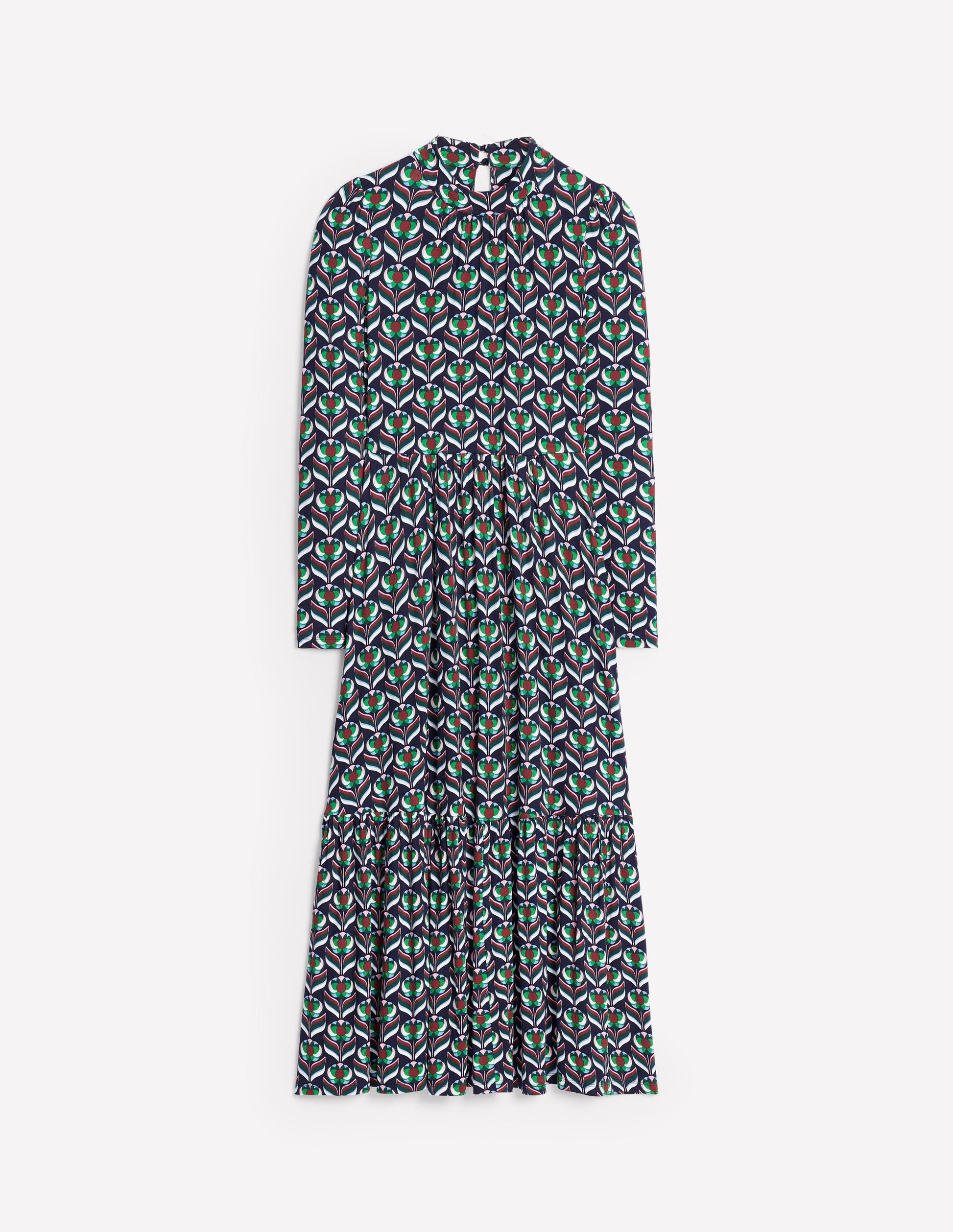 High Neck Tiered Jersey Dress-Navy, Blossom Stamp-6