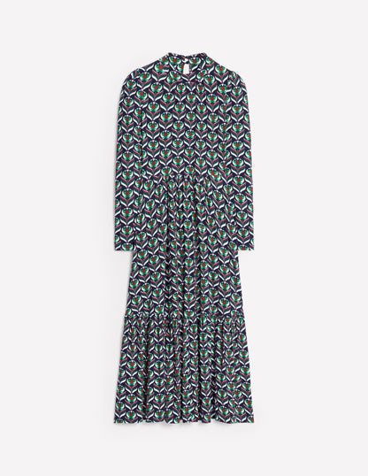 High Neck Tiered Jersey Dress-Navy, Blossom Stamp-6