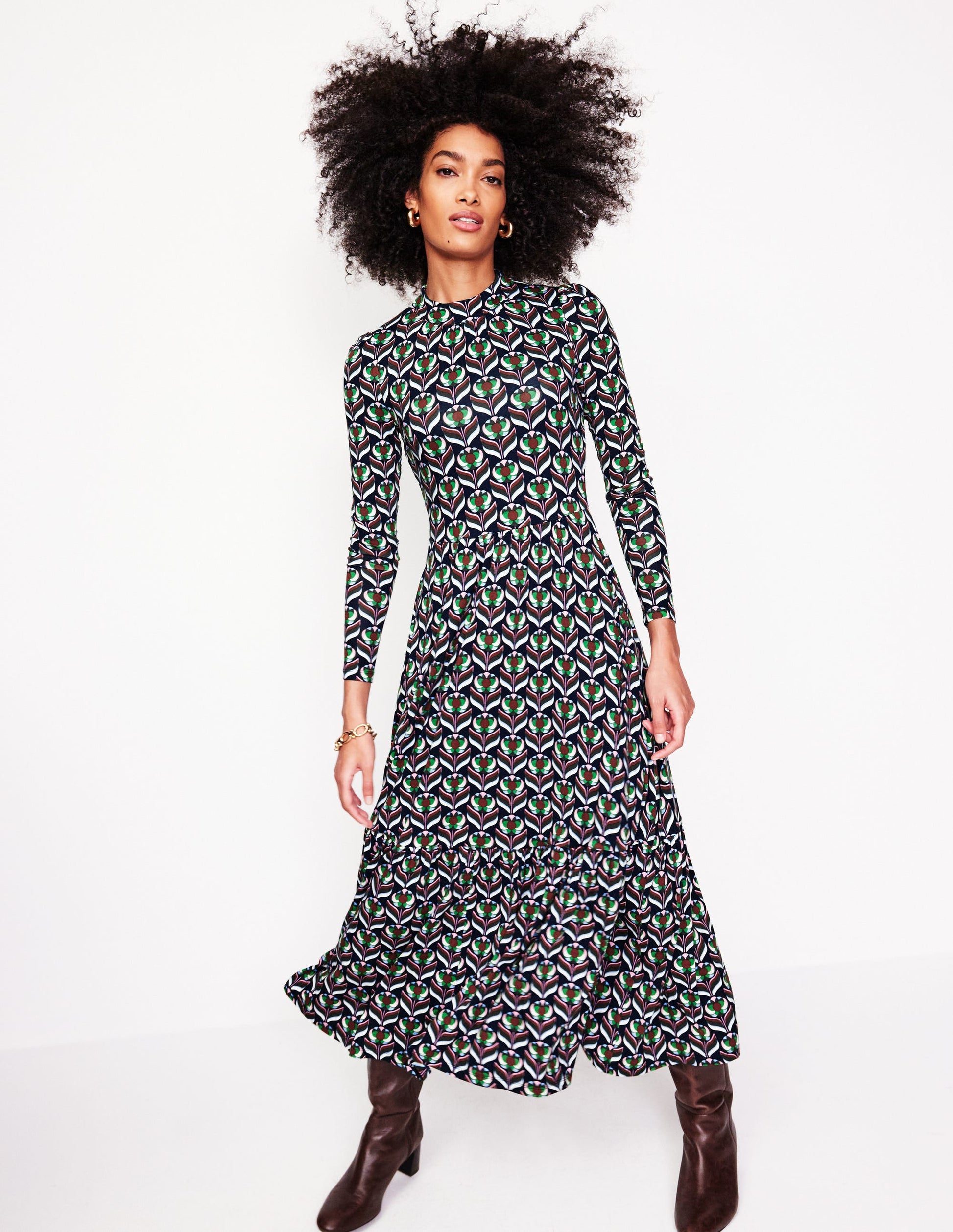 High Neck Tiered Jersey Dress-Navy, Blossom Stamp-1