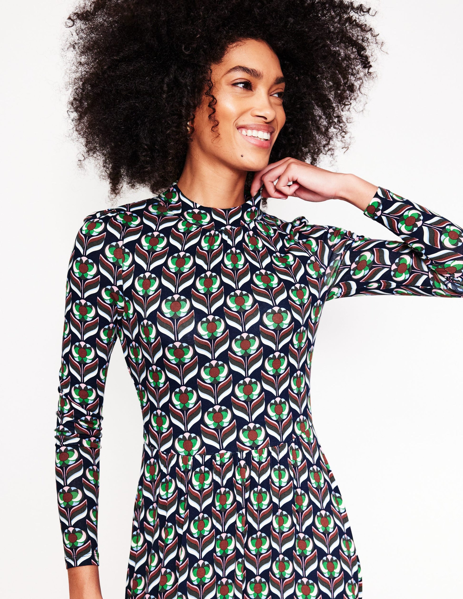 High Neck Tiered Jersey Dress-Navy, Blossom Stamp-2