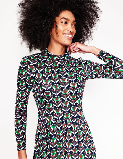 High Neck Tiered Jersey Dress-Navy, Blossom Stamp-2