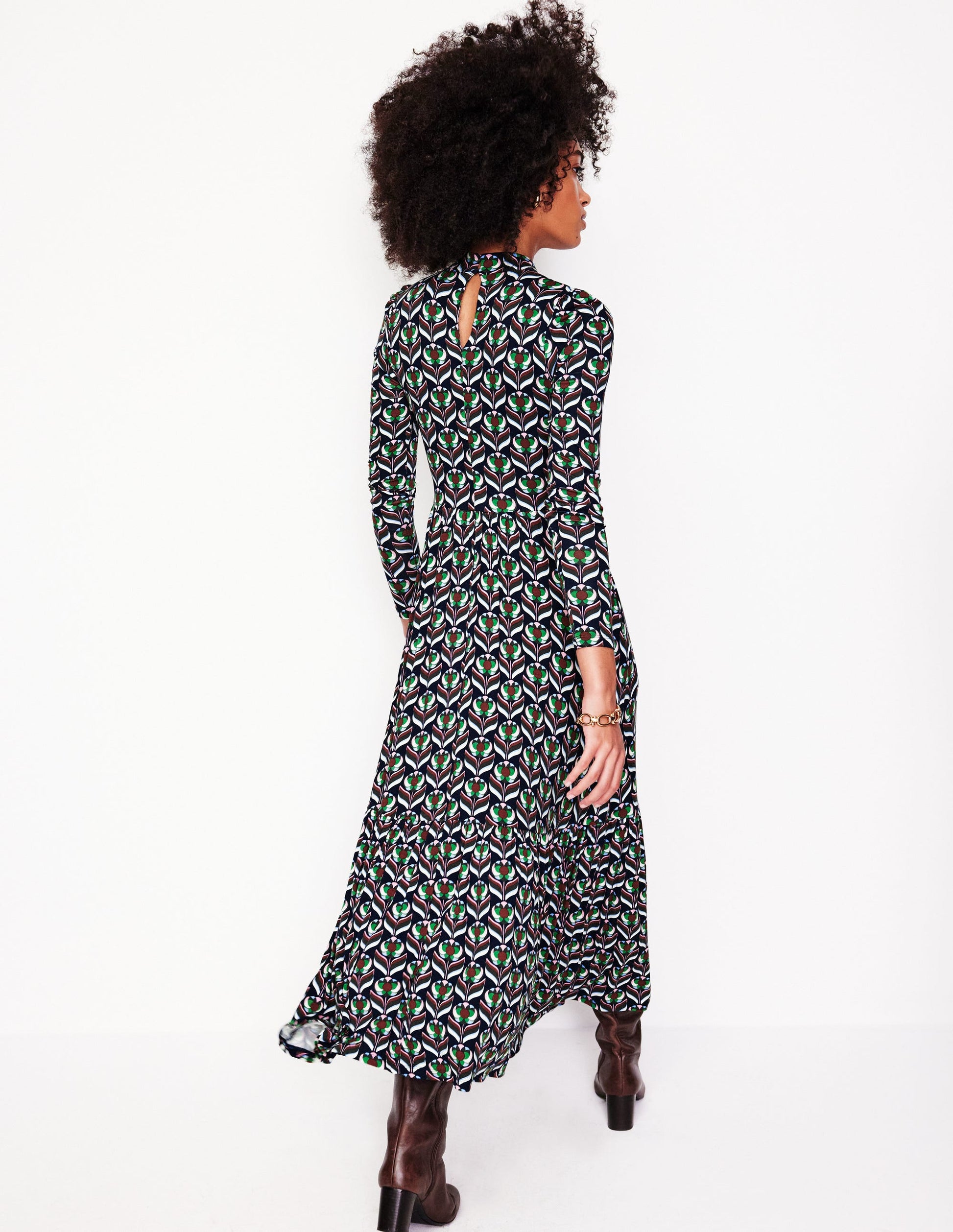 High Neck Tiered Jersey Dress-Navy, Blossom Stamp-3