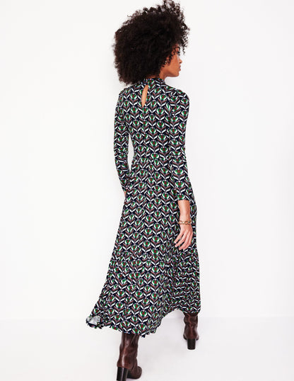 High Neck Tiered Jersey Dress-Navy, Blossom Stamp-3